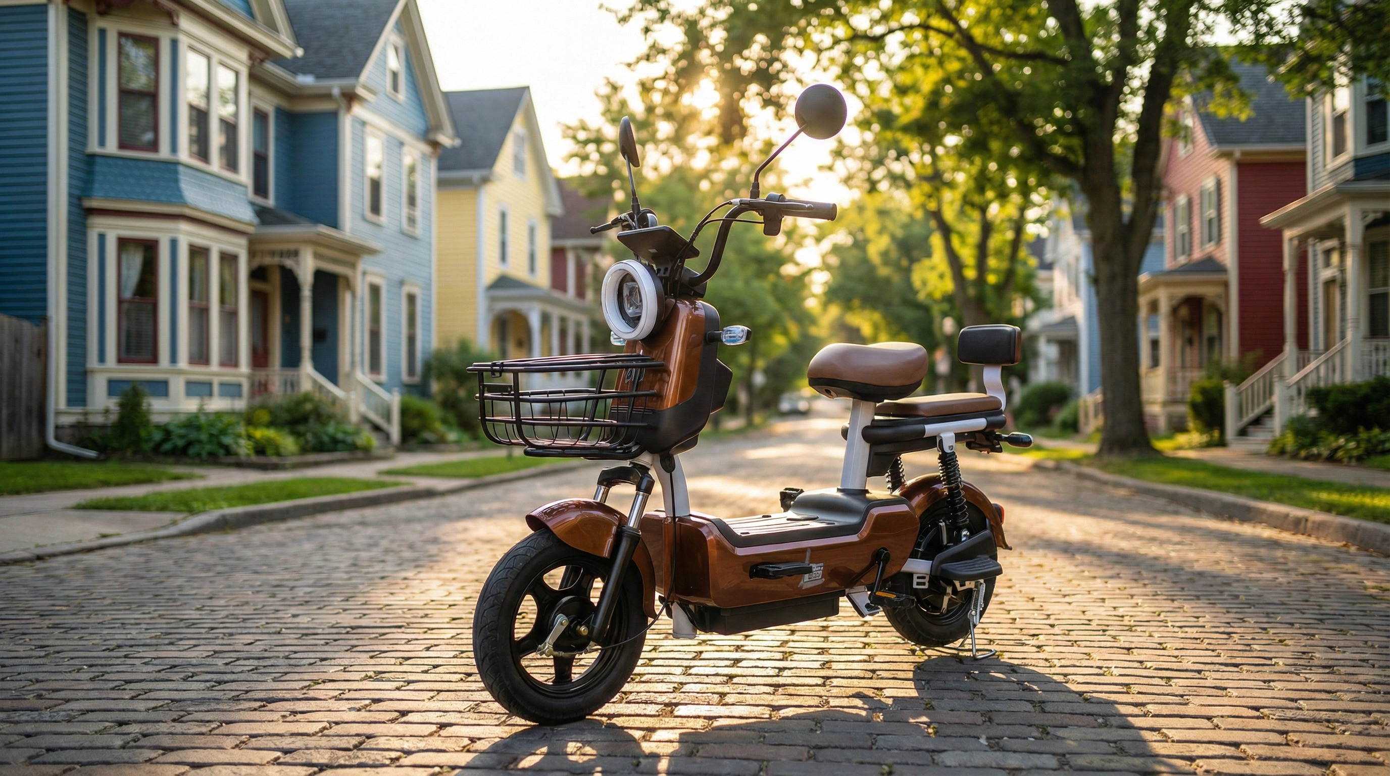 Joy Urban em rua residencial com casas coloridas ao entardecer
