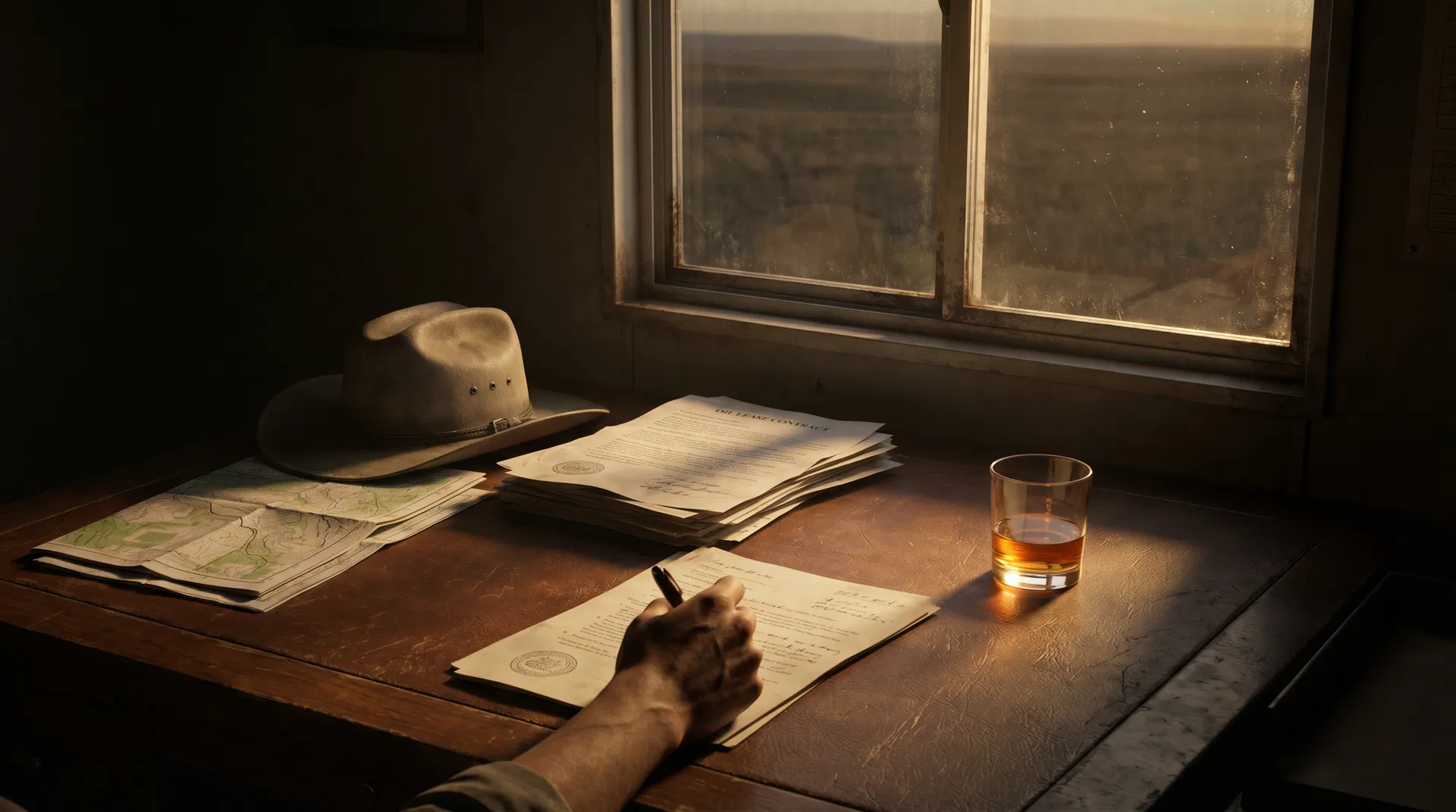 Oilfield office desk with lease contracts