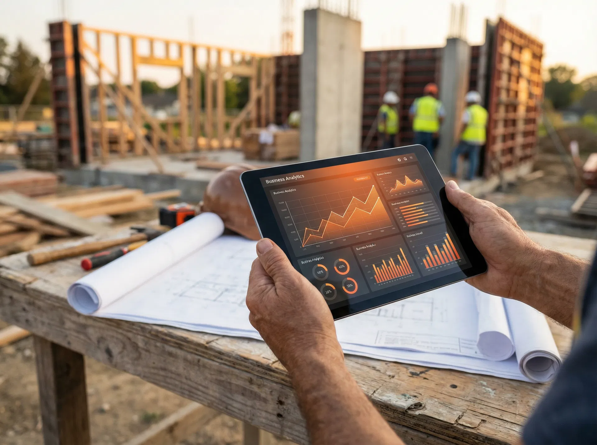 Contractor using business analytics dashboard on tablet at construction site