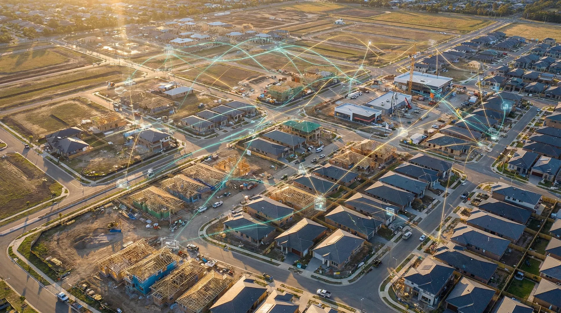 Aerial view of construction development with digital network connections between sites