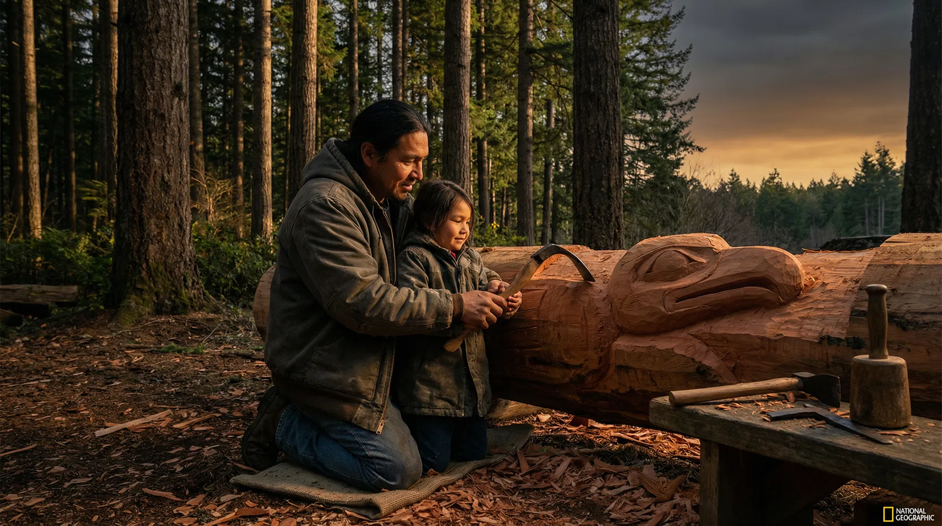 A Pacific Northwest First Nations father guides his young daughter as they carve a totem pole together in a cedar forest at golden hour