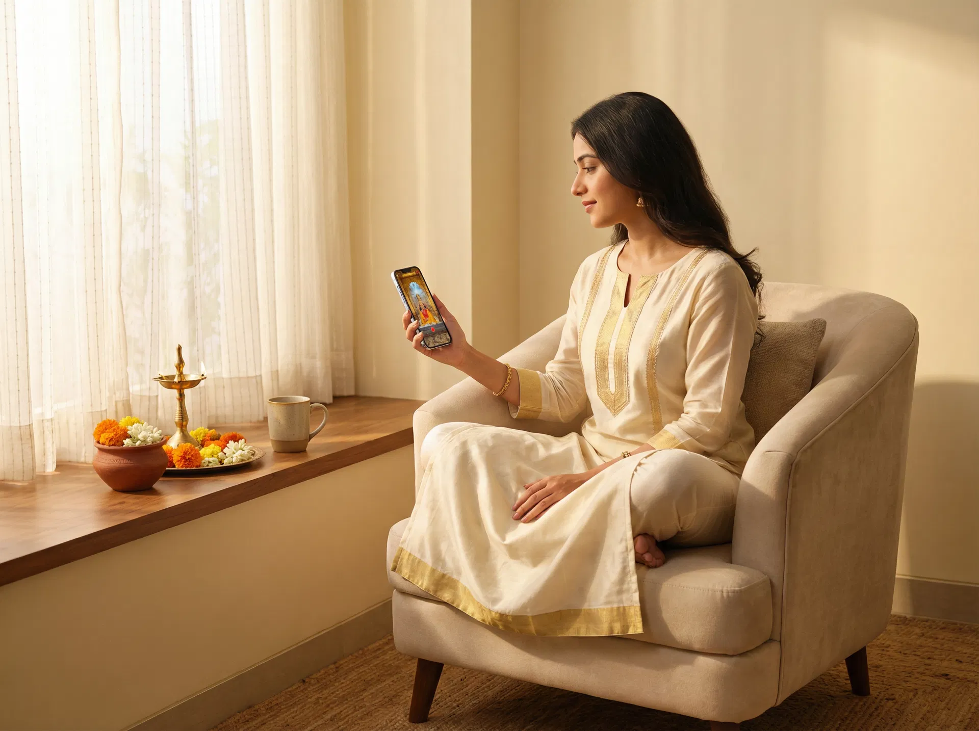 Woman using Shradhabhaav app for morning Darshan