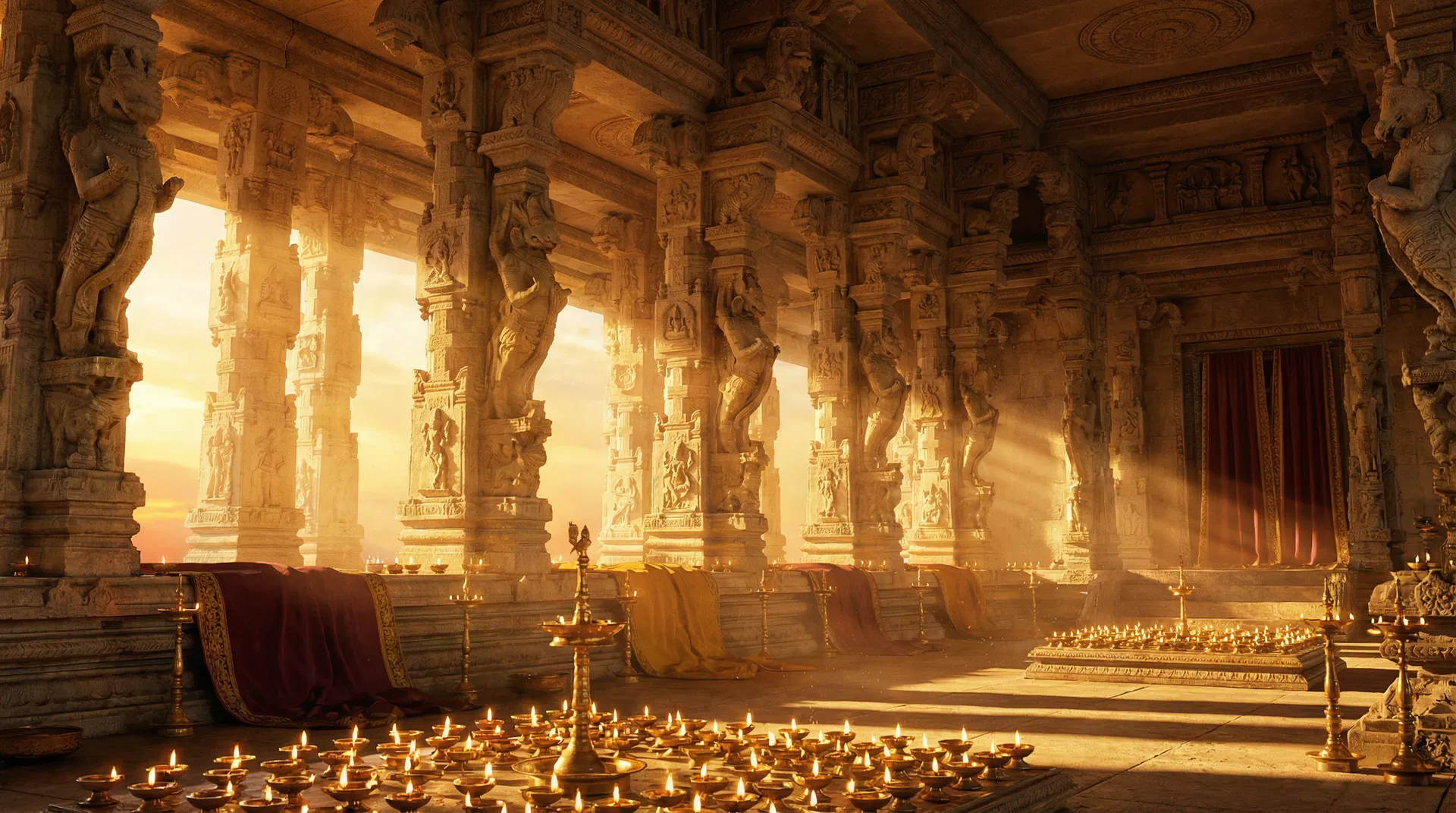 Temple interior with golden light and diyas