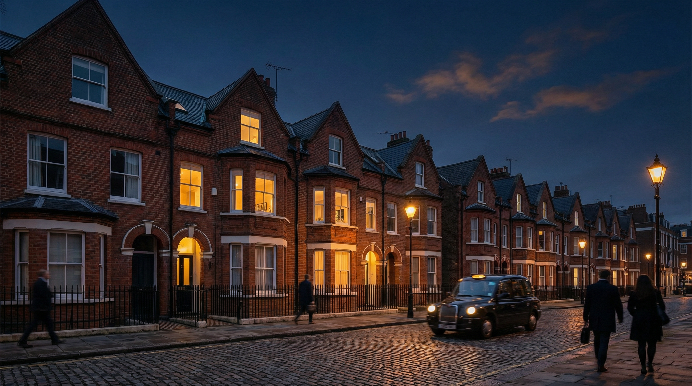 Victorian terraced houses at dusk representing commercial property insurance