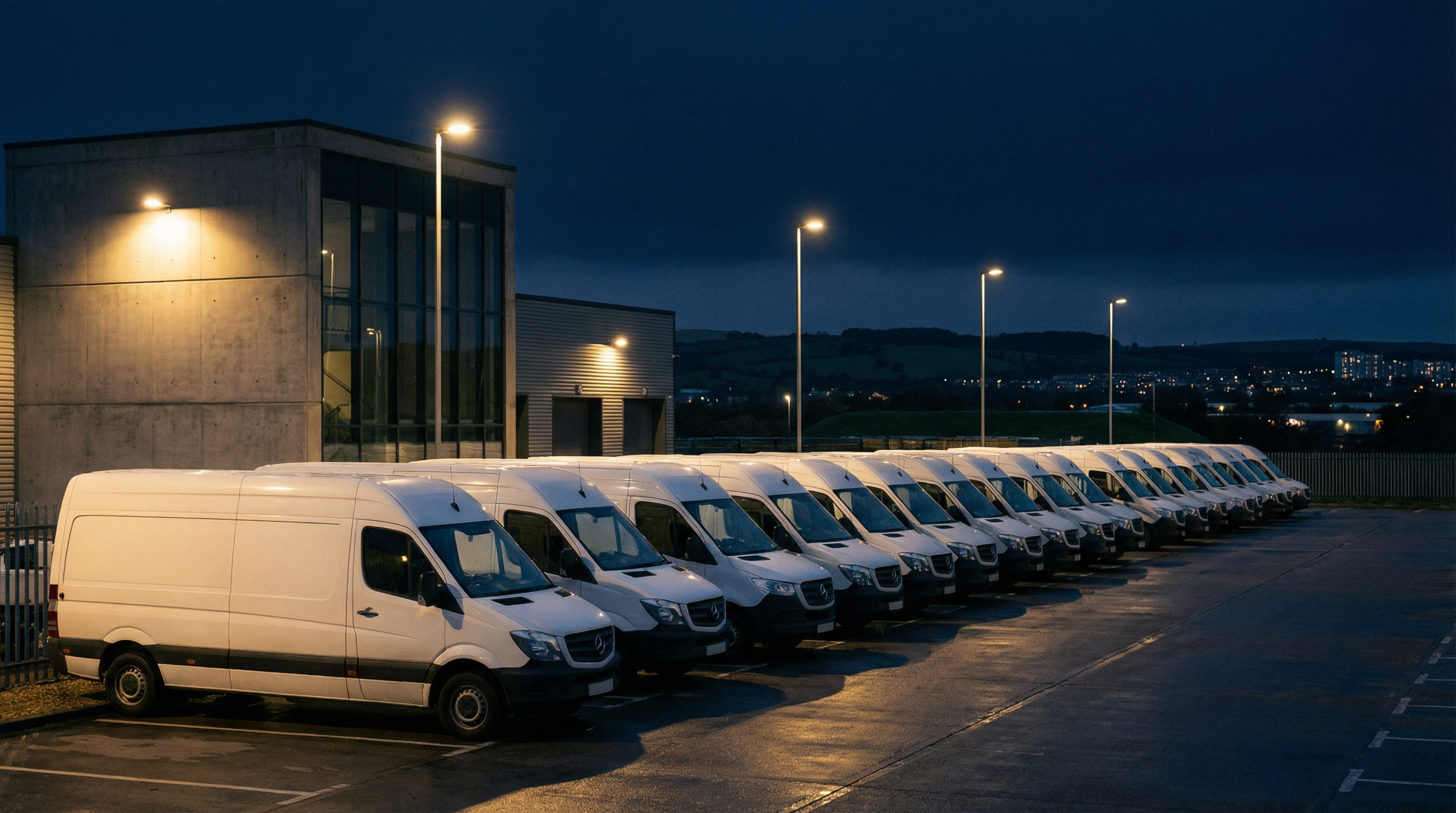 Fleet of commercial delivery vans at logistics depot