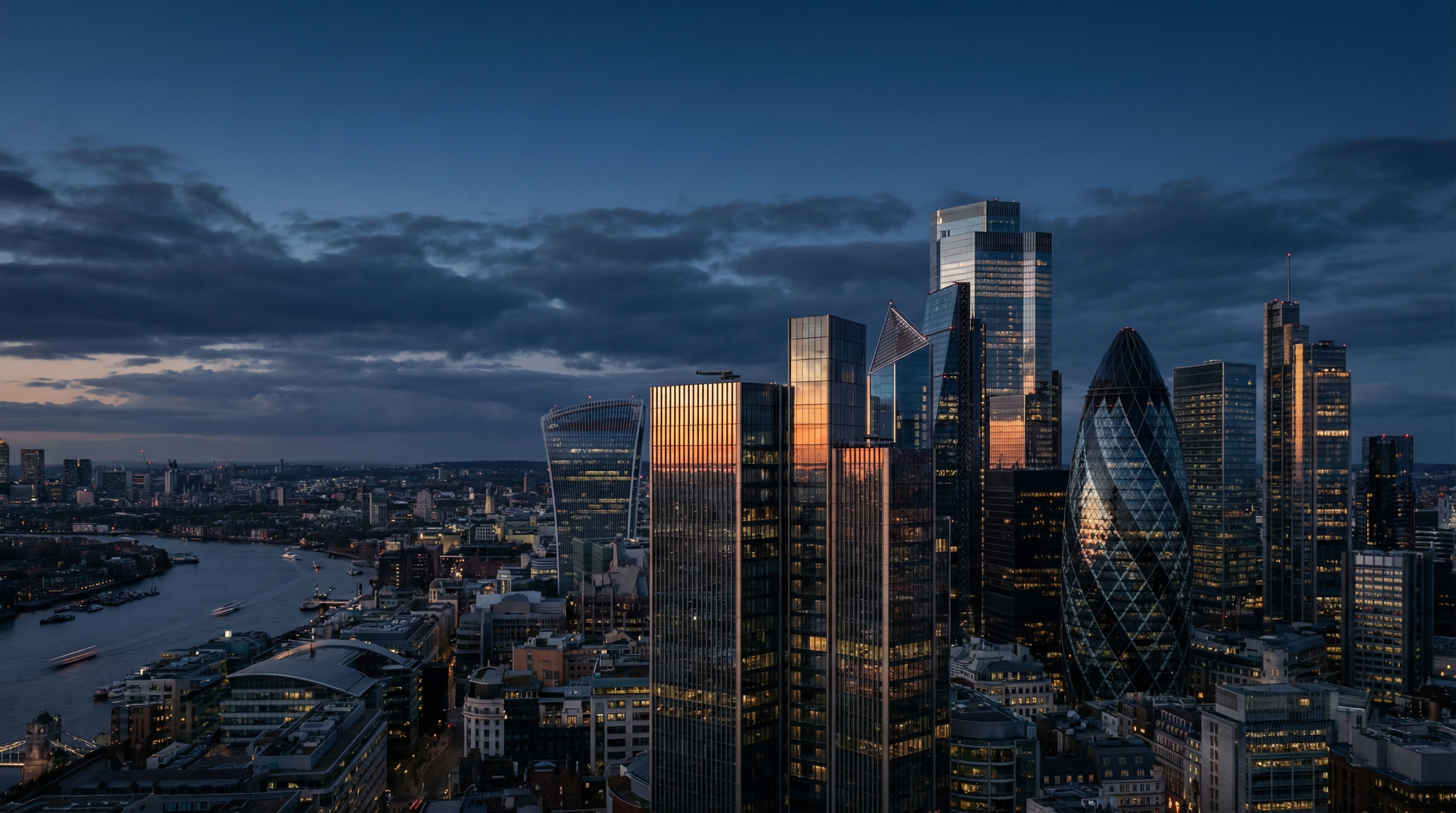 London financial district skyline at dusk