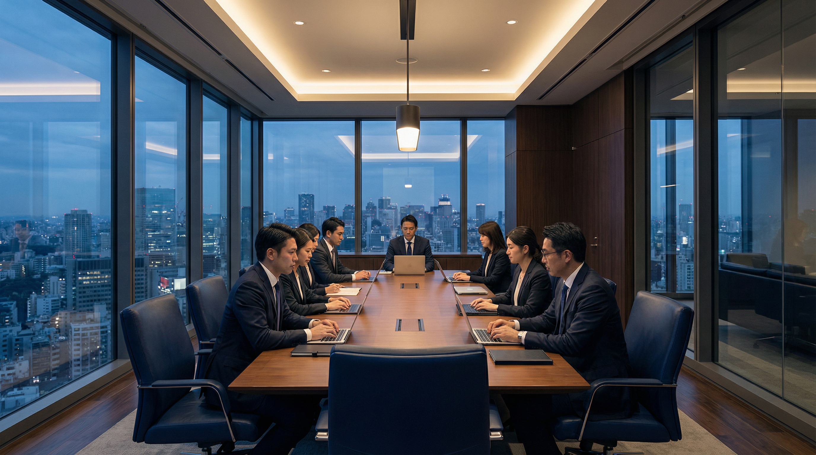 Business professionals in corporate meeting room discussing insurance