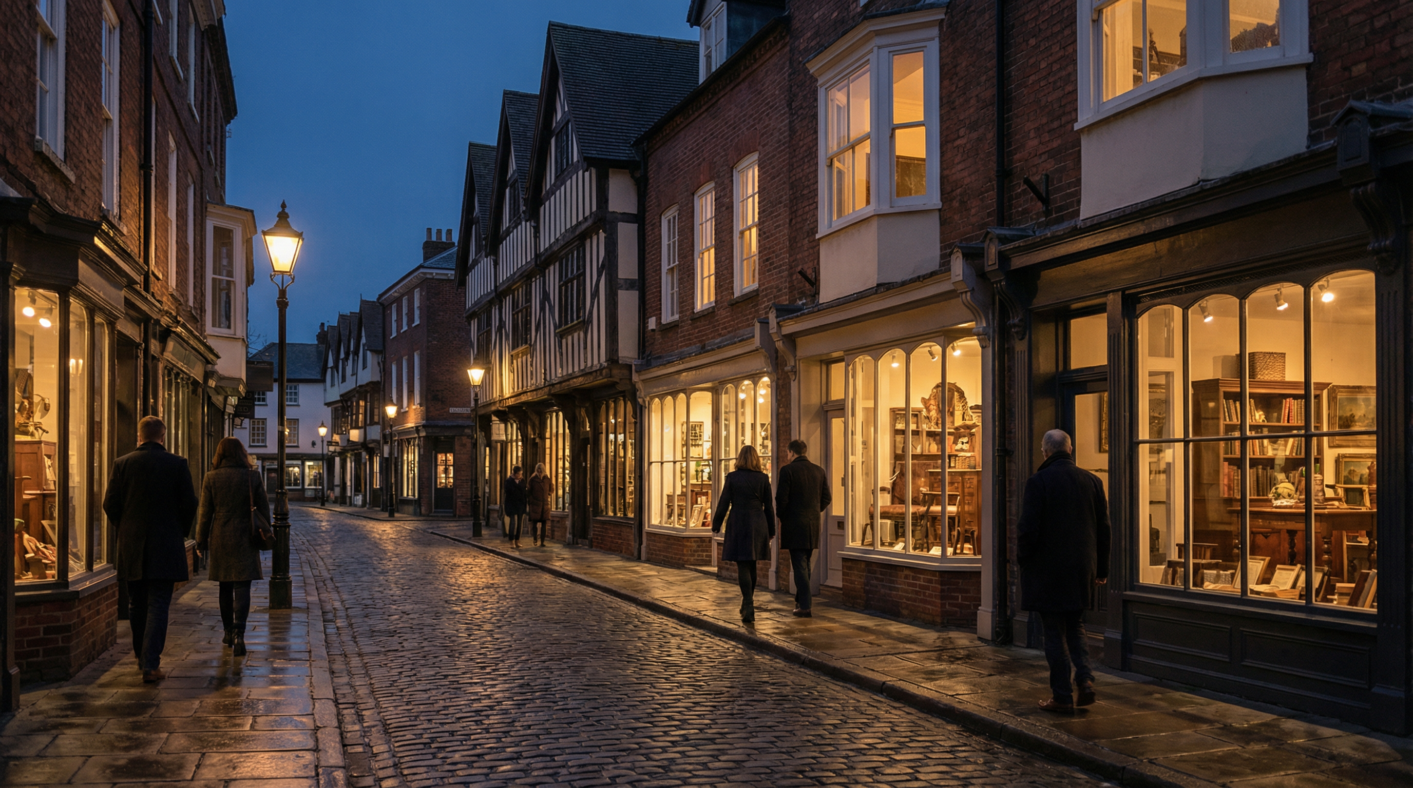 British high street with traditional shop fronts at dusk