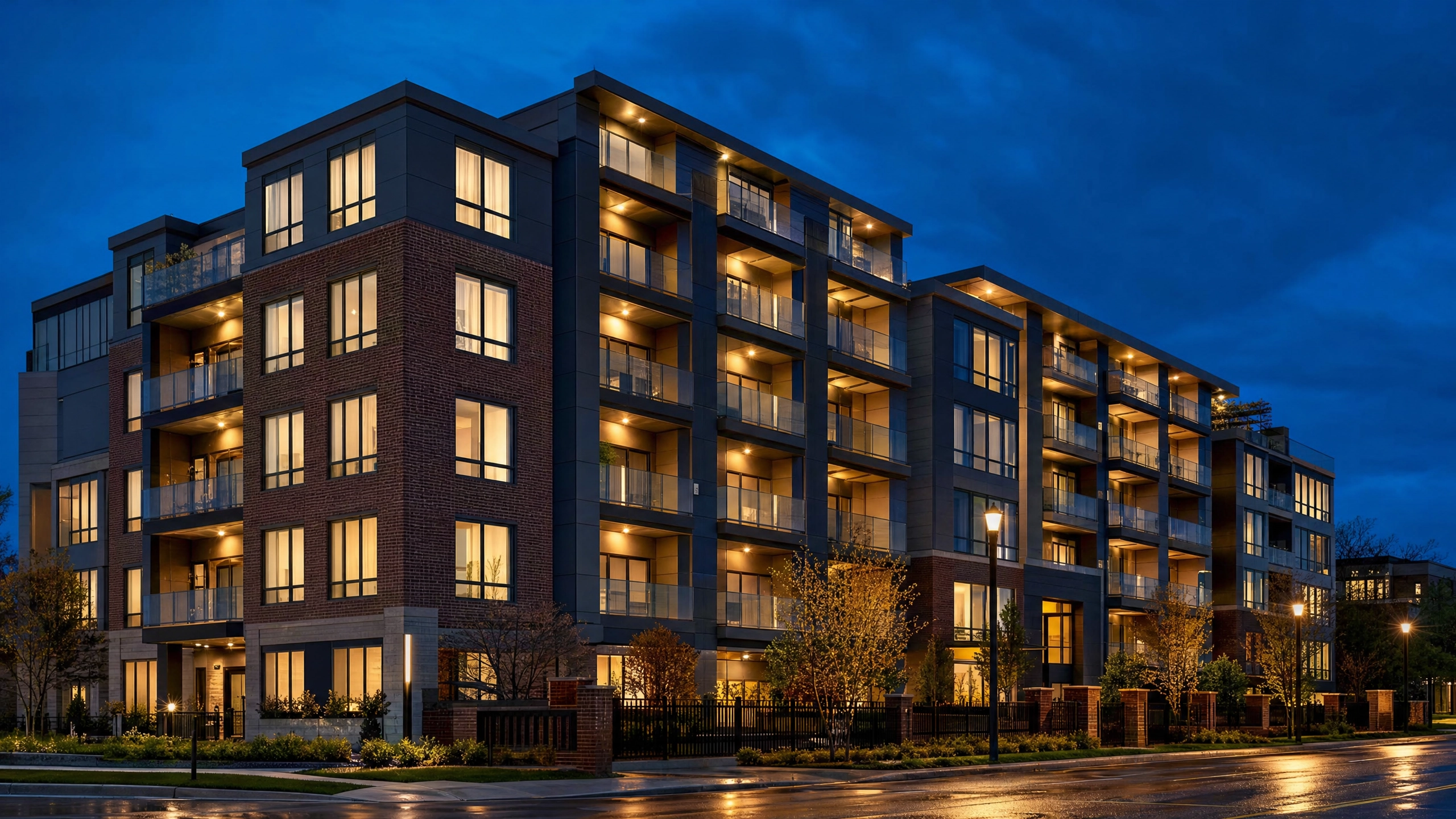 UK residential block of flats at dusk