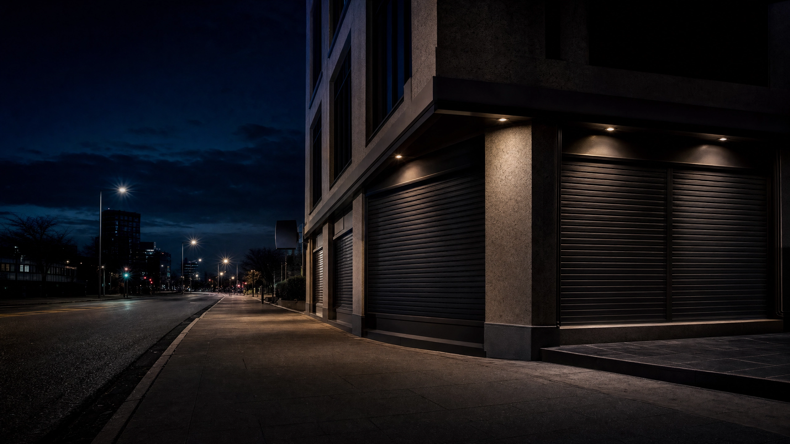 Closed commercial premises with shuttered windows at night