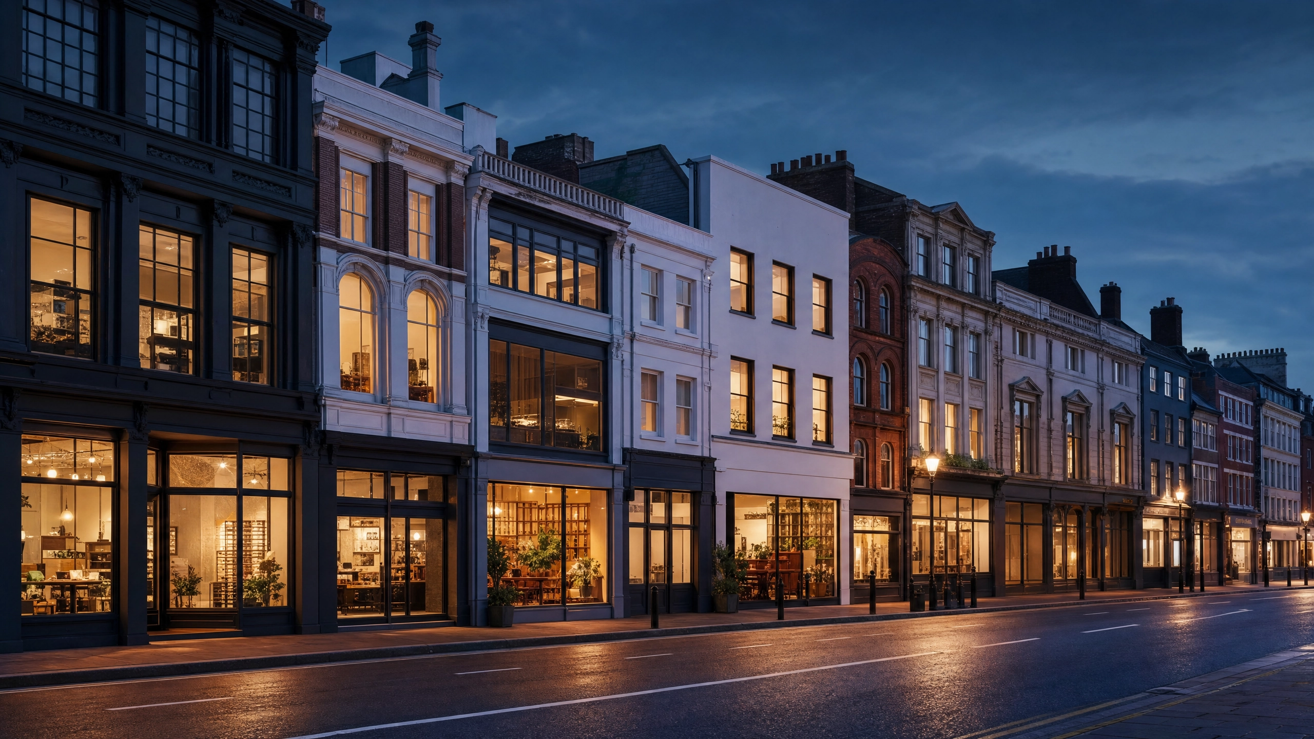 UK commercial high street properties at dusk