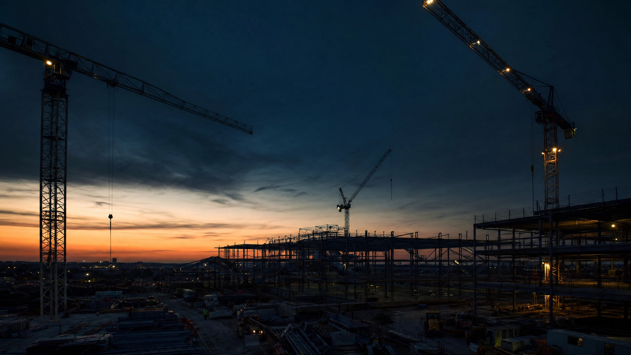 Commercial construction site at dusk with cranes