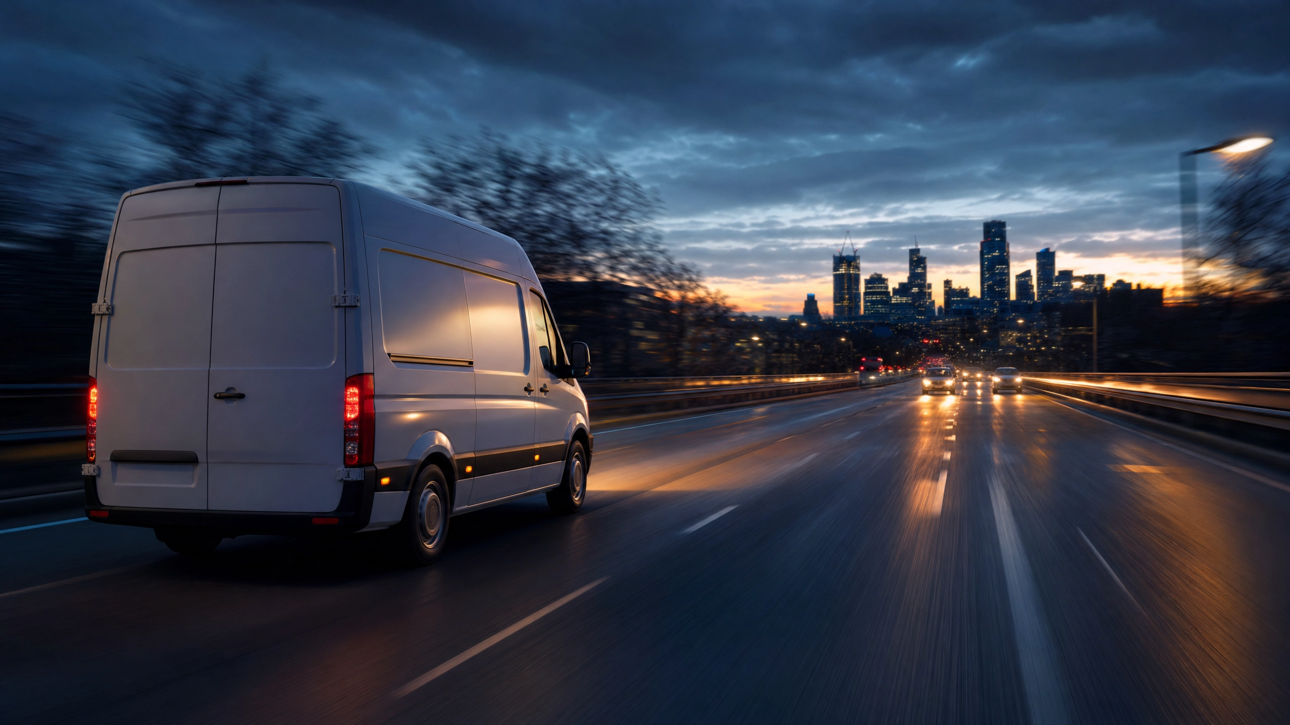 Courier delivery van on UK road at dusk