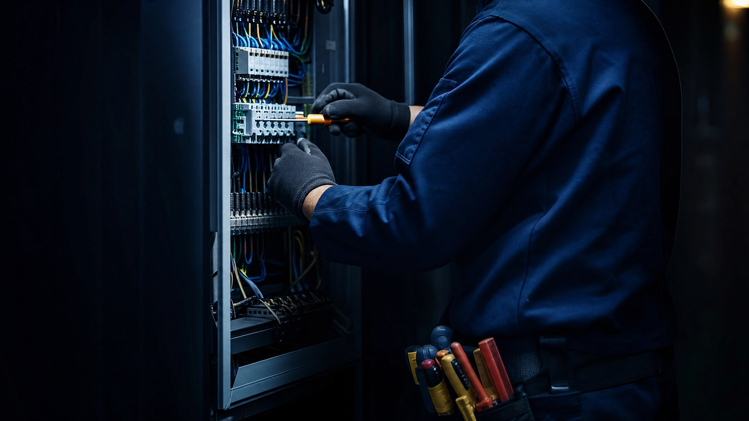 Electrician working on commercial electrical panel