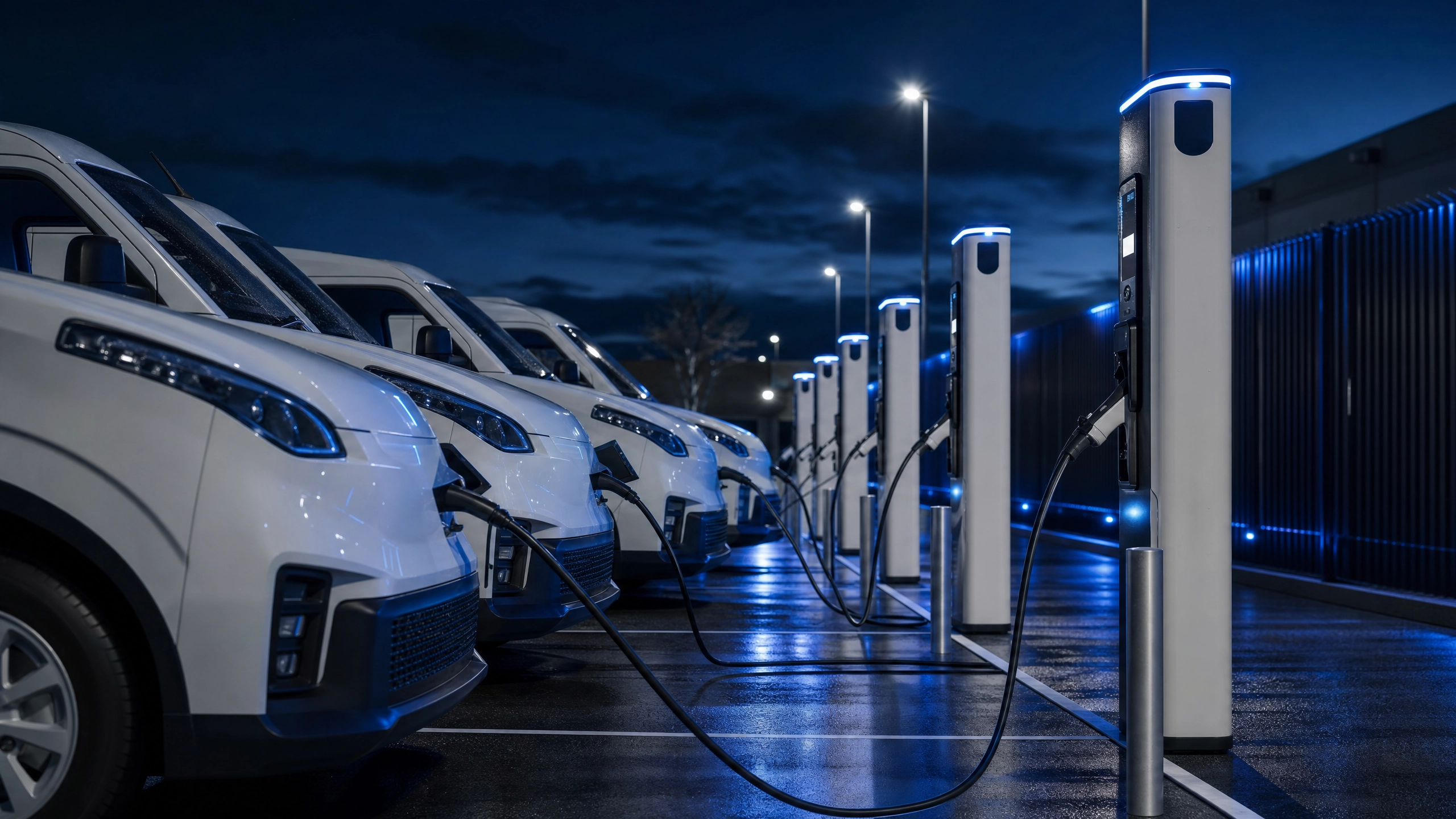 Electric vehicles charging at commercial EV station at night