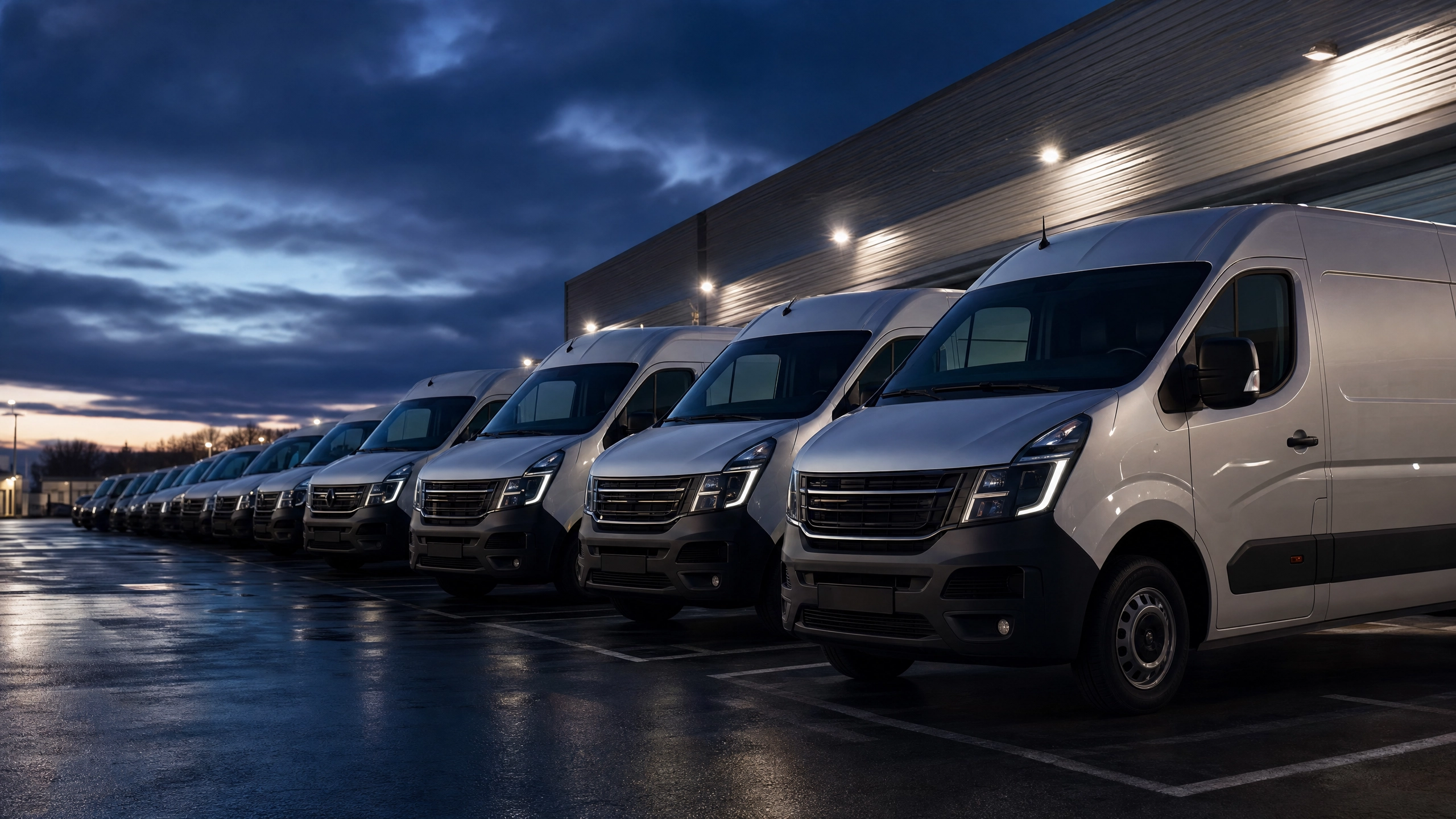 Fleet of commercial vans parked at depot at dusk
