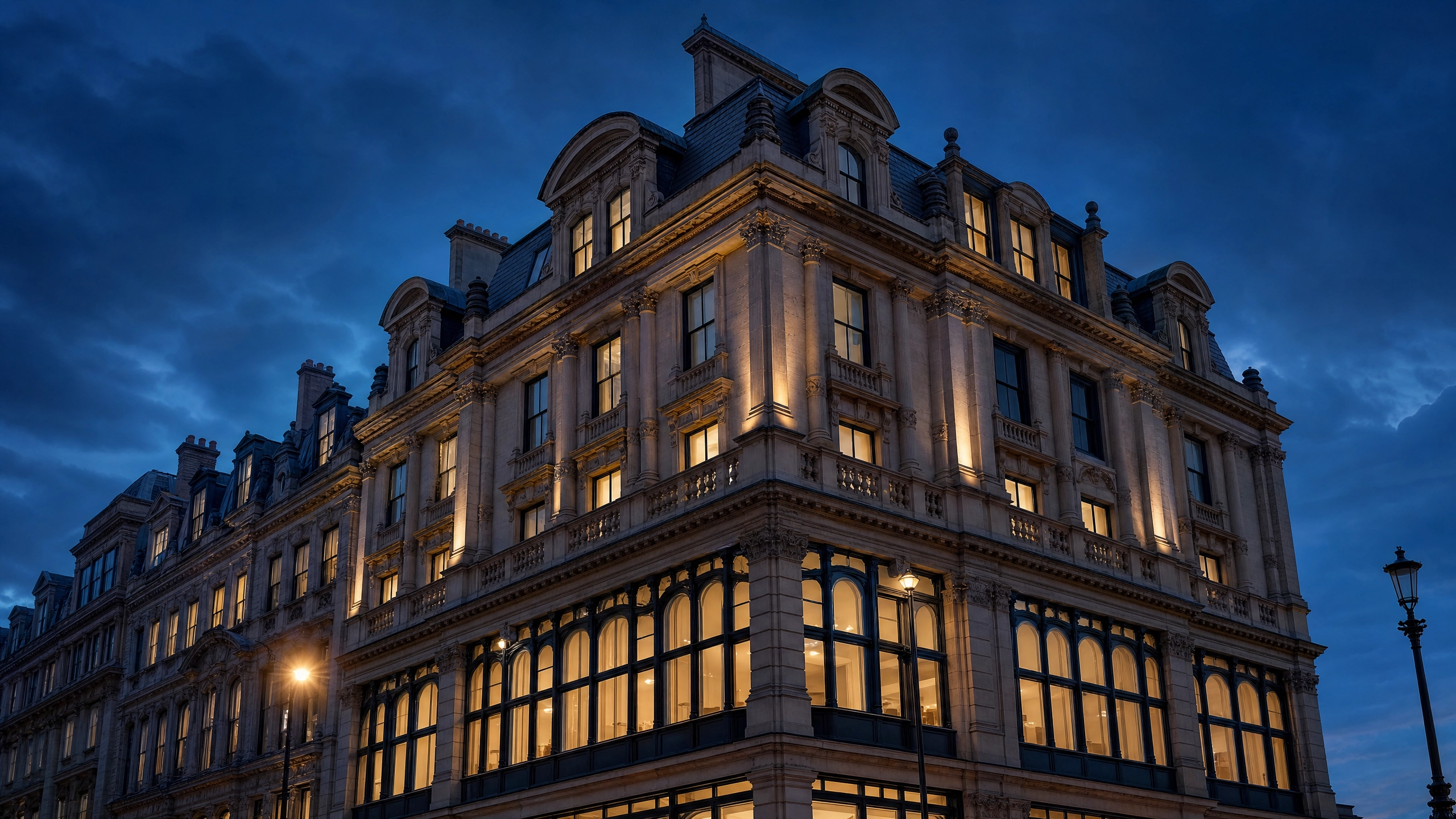 Victorian commercial building at dusk