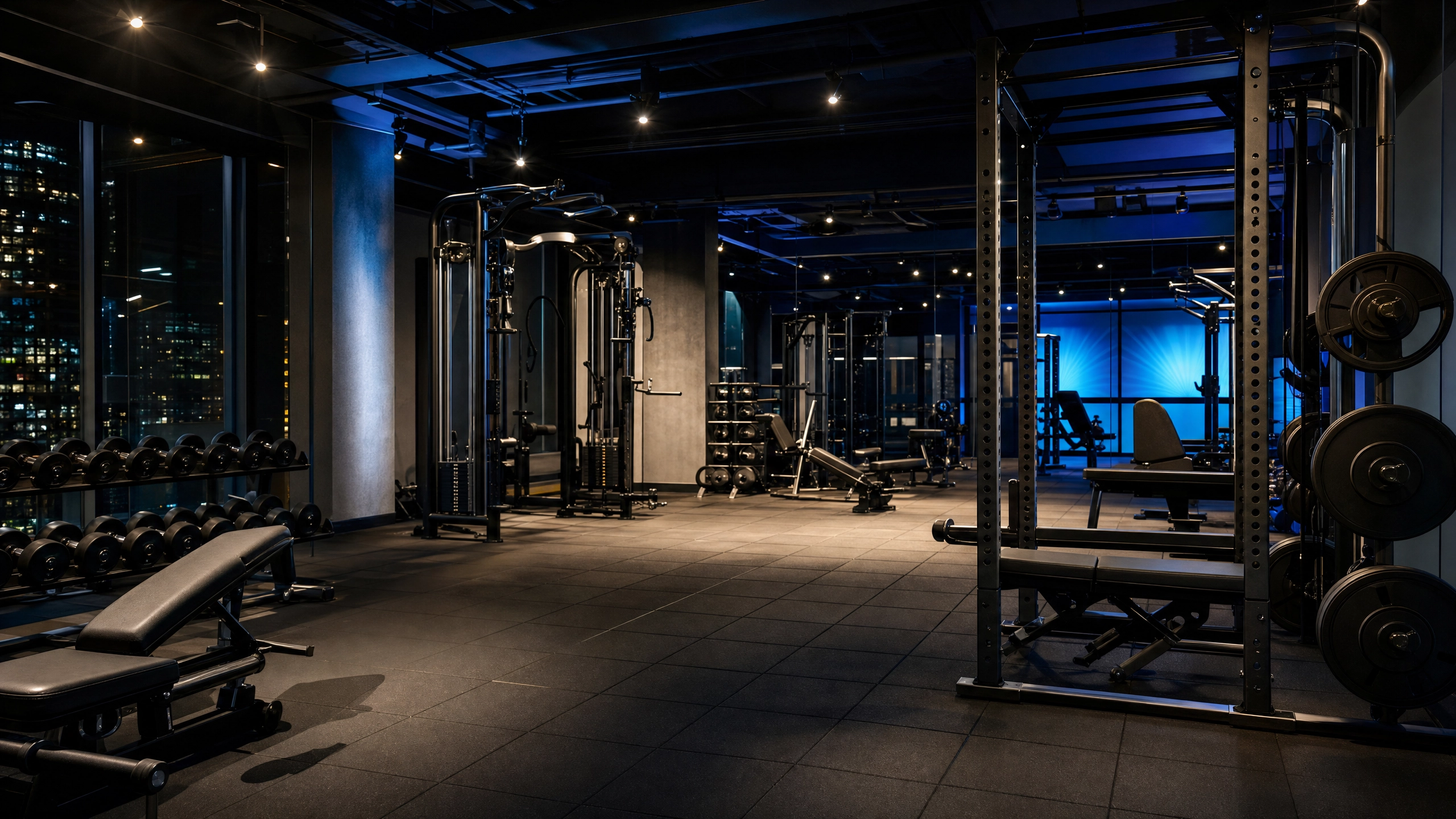 Modern commercial gym interior at night