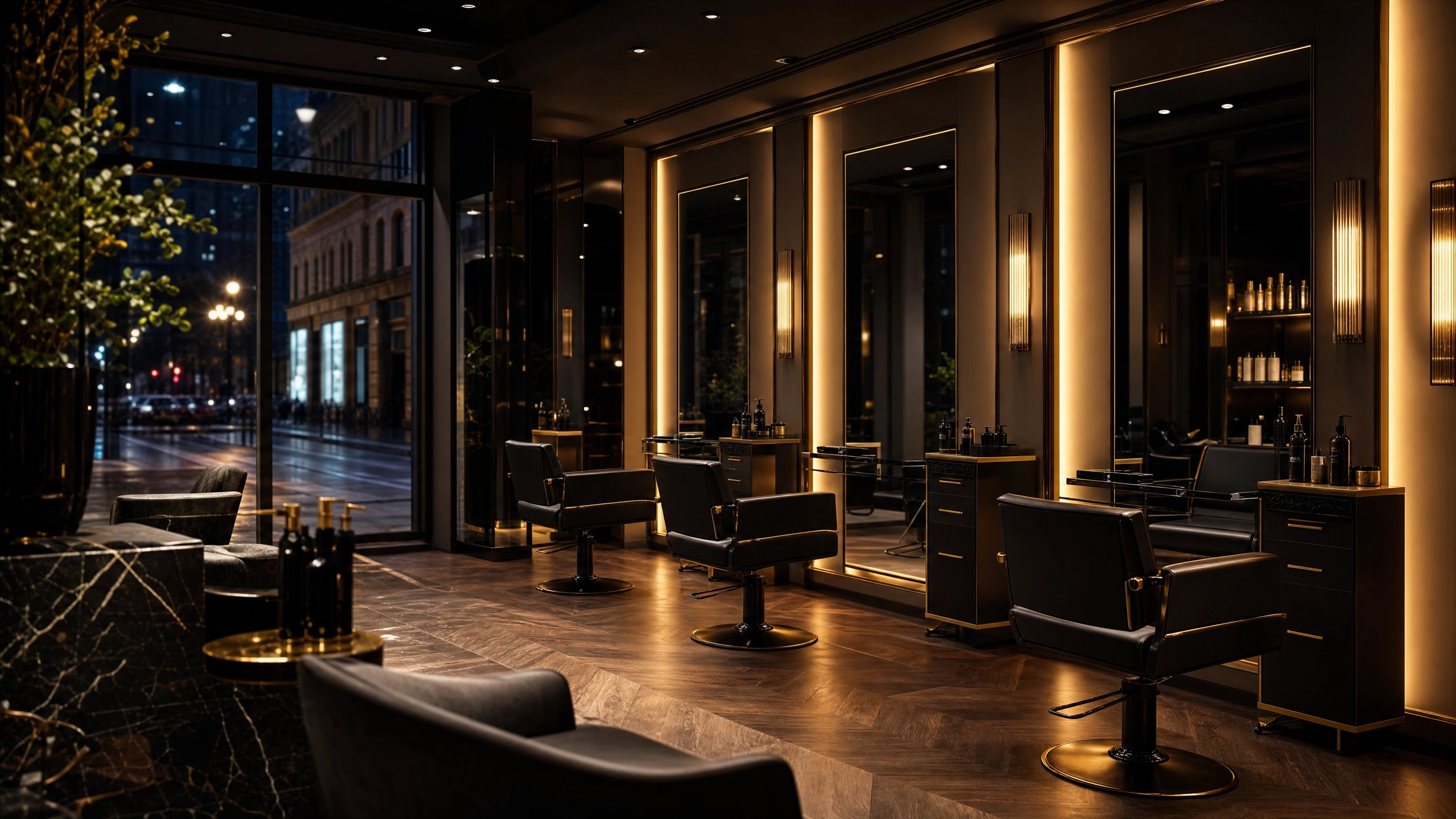 Modern upscale hair salon interior at night