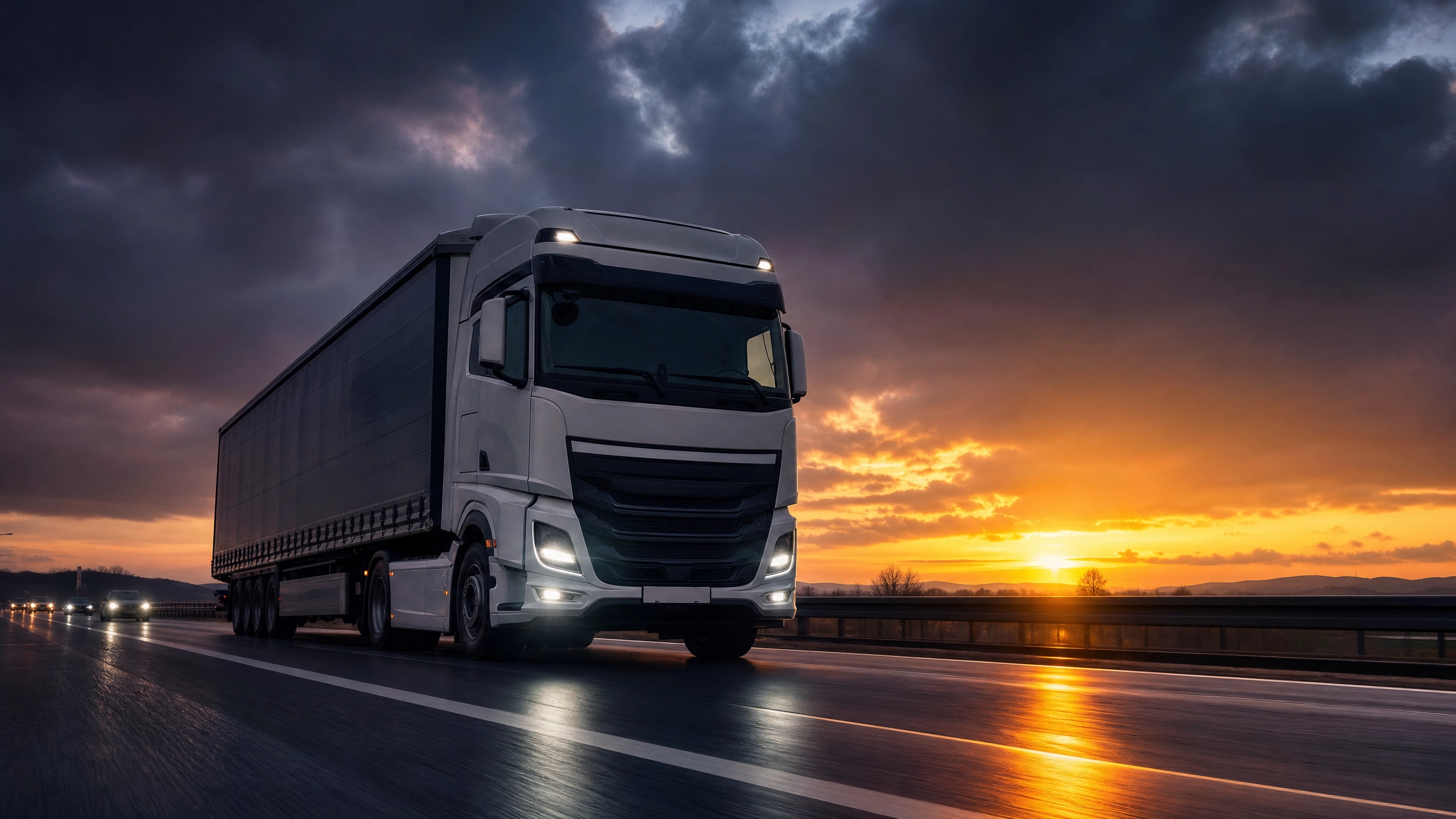 HGV lorry on UK motorway at dusk