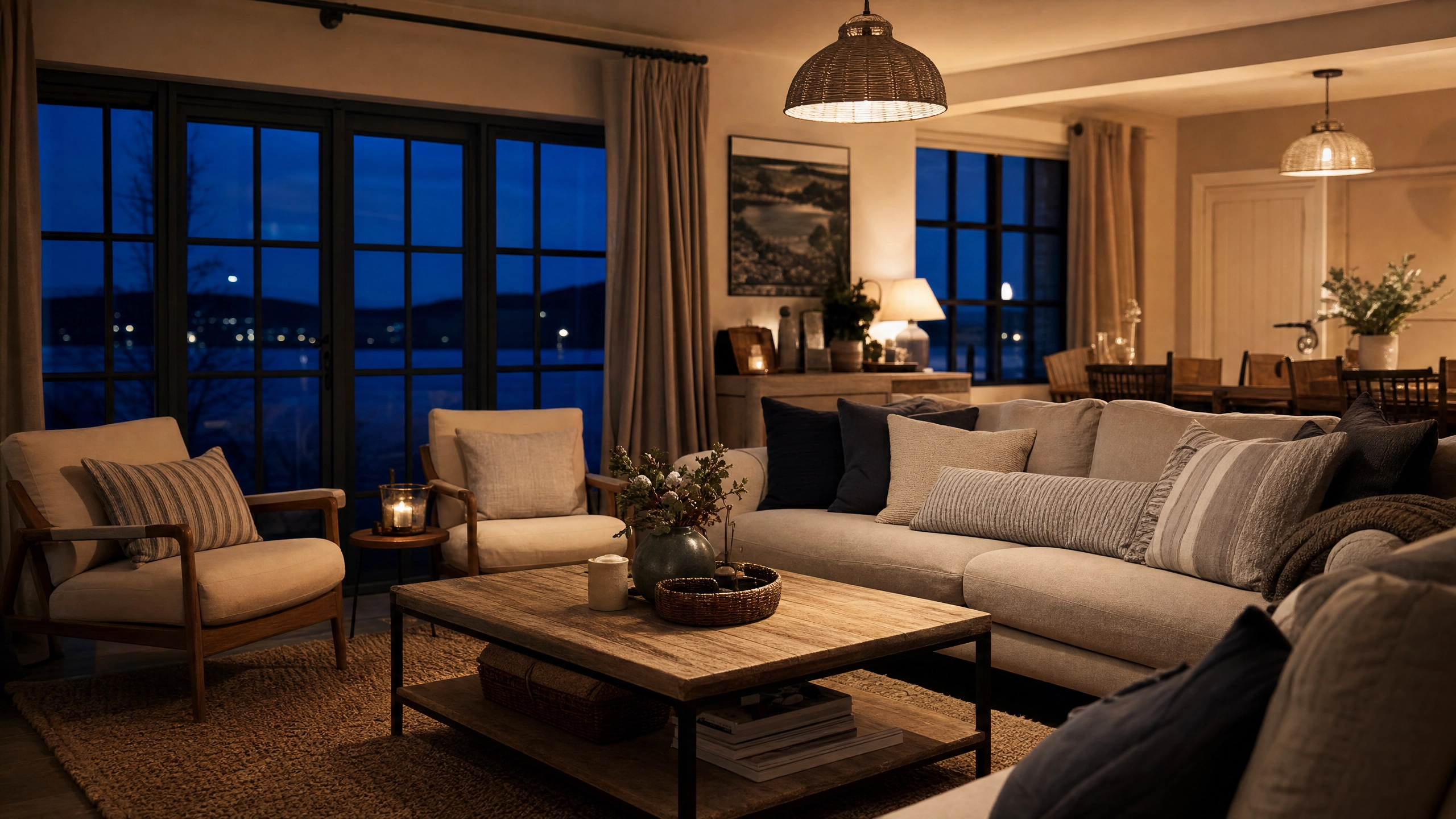 Stylish British holiday cottage interior at night