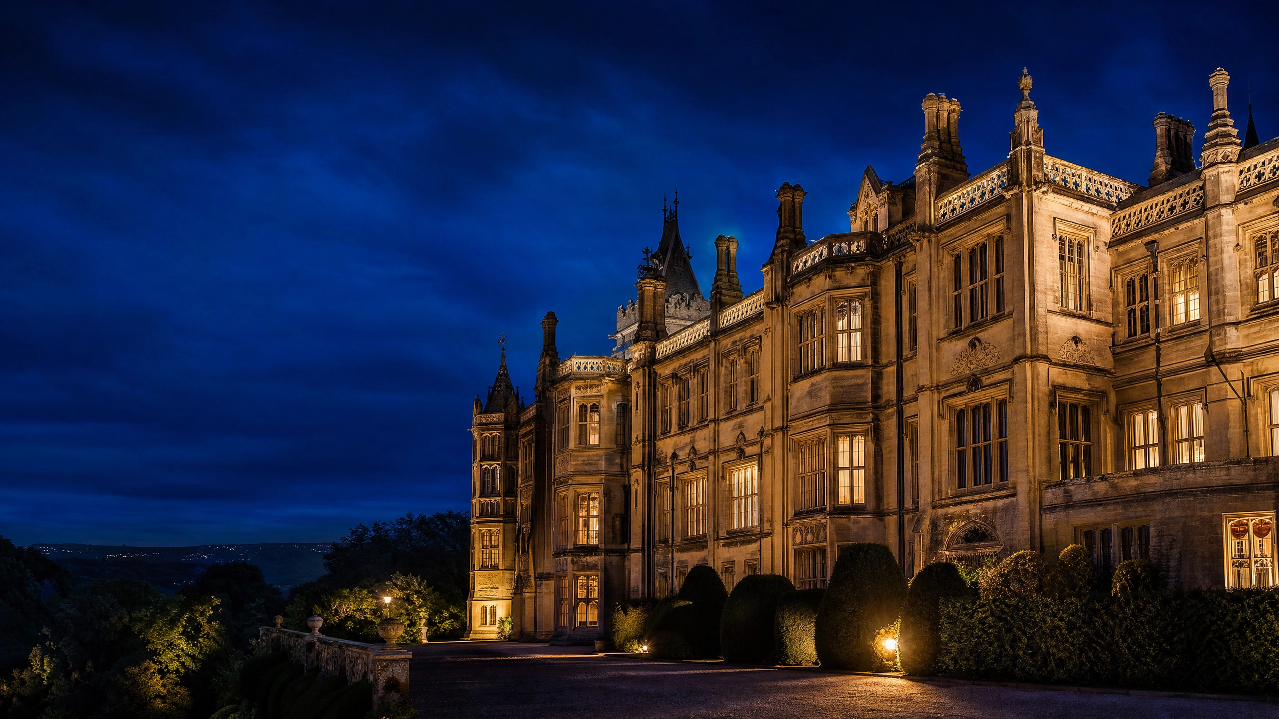 Grade listed historic UK building at dusk