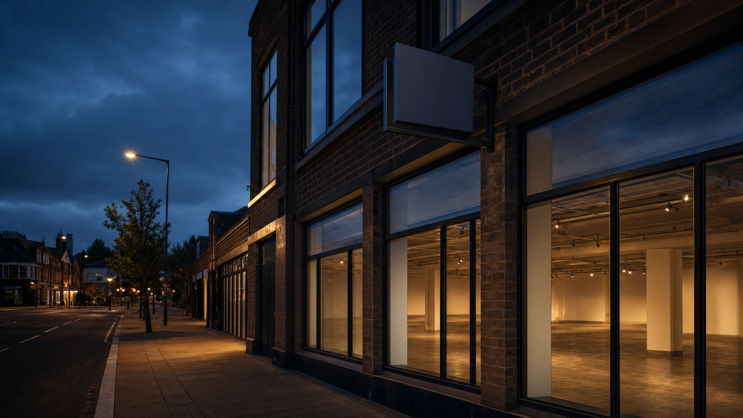 Commercial property with To Let sign at dusk