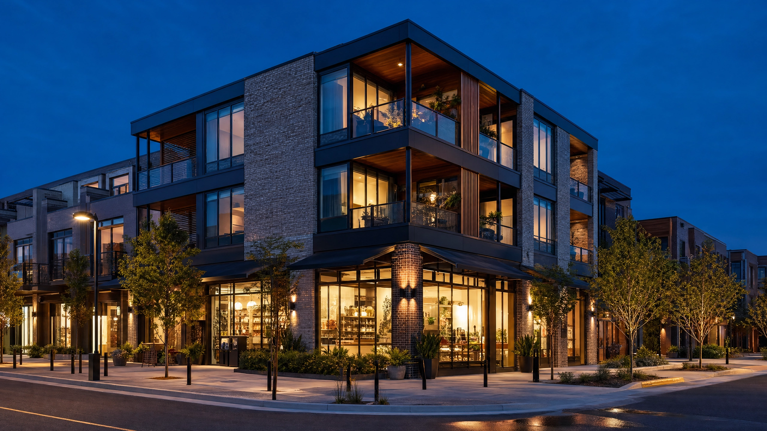 Contemporary mixed-use development at dusk