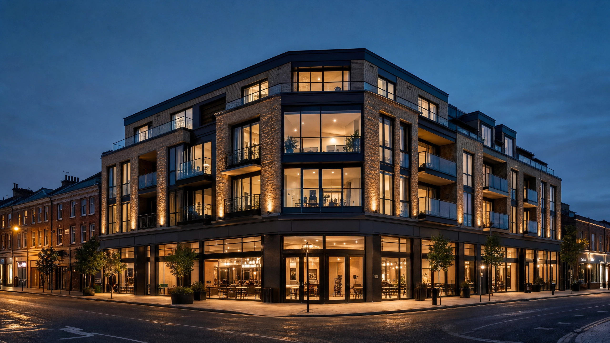 Mixed-use building at dusk