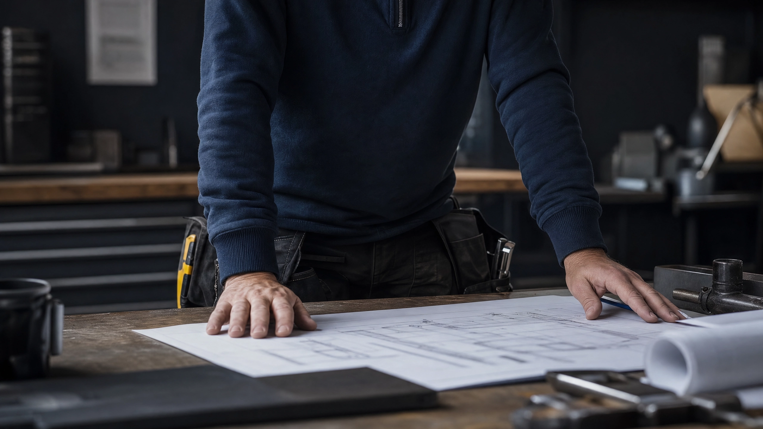 Tradesperson reviewing technical blueprints