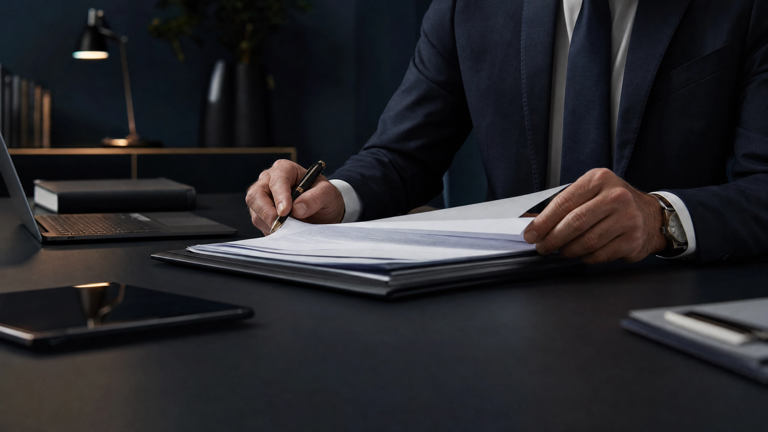 Corporate professional reviewing legal documents
