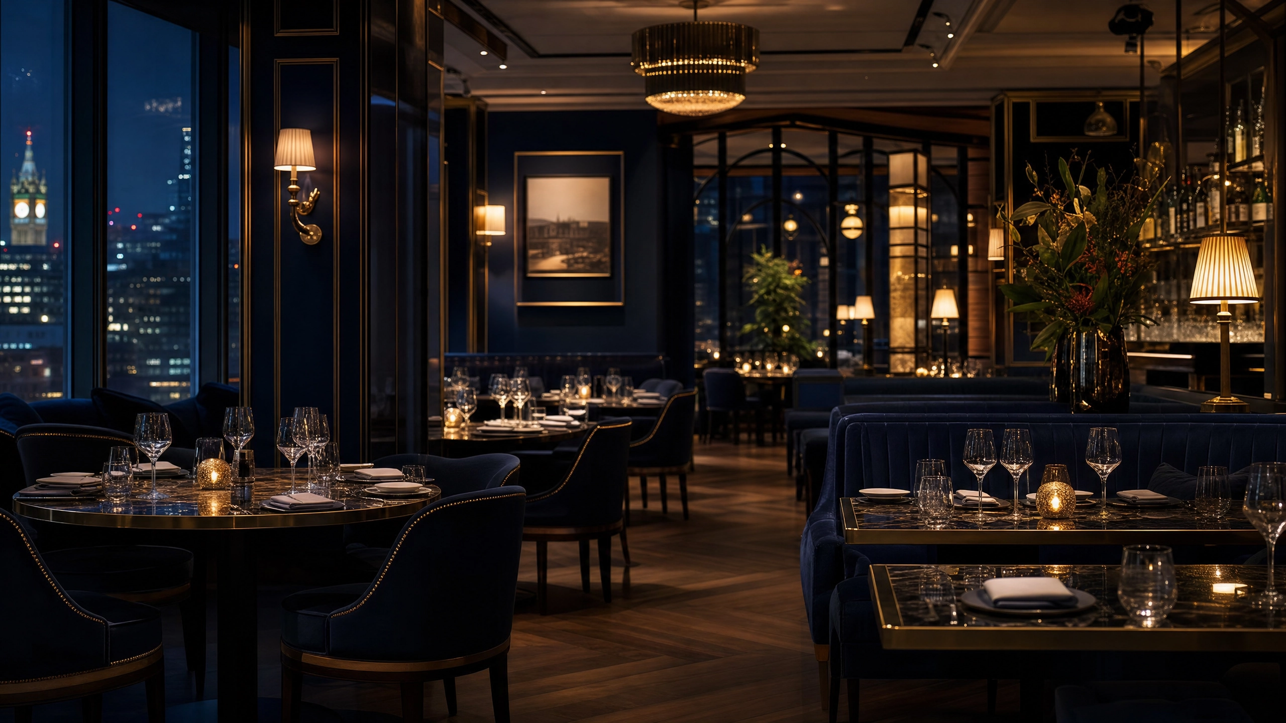 Upscale restaurant interior at night