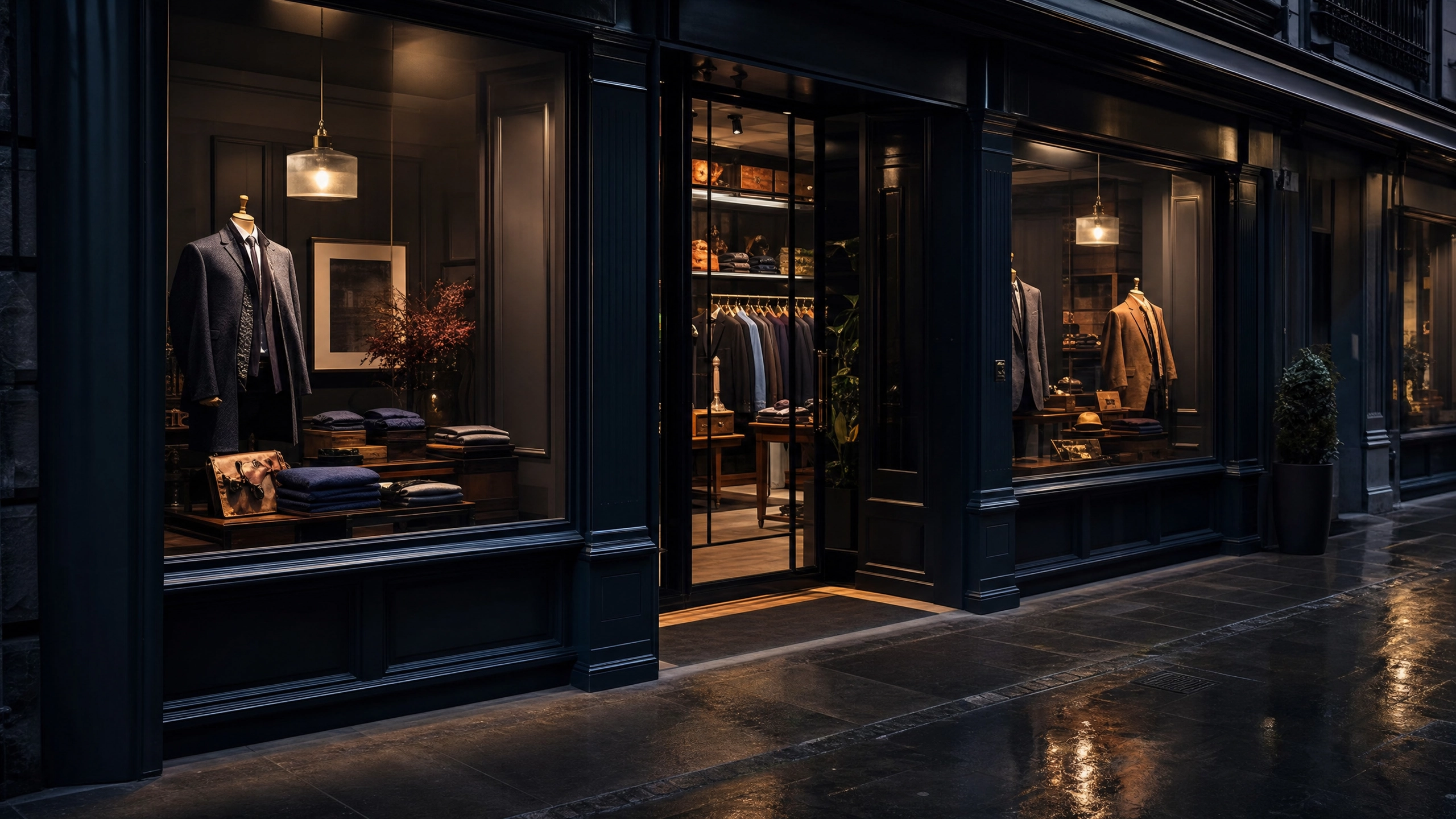 Premium British high street retail shop at night