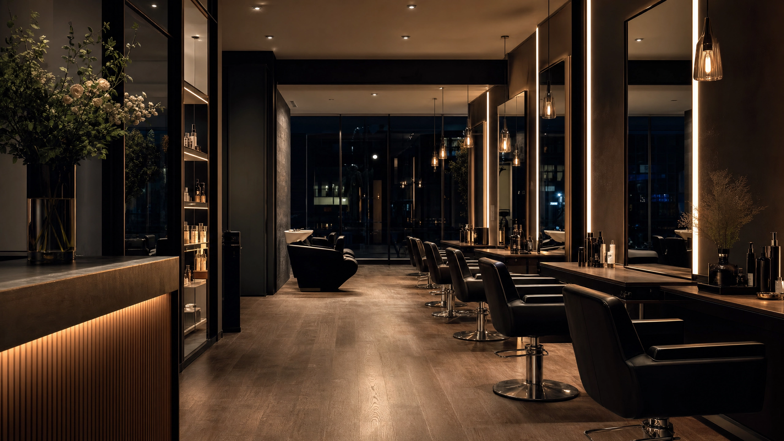 Upscale beauty salon interior at night