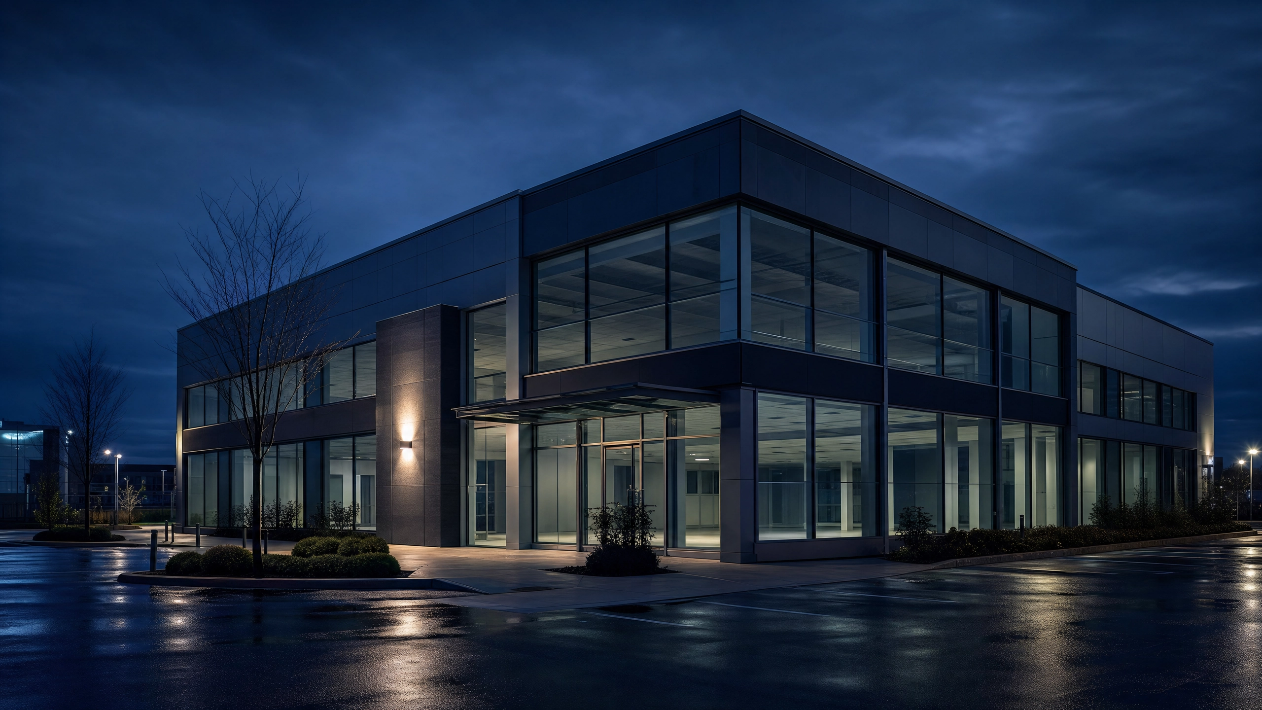 Empty commercial building at night