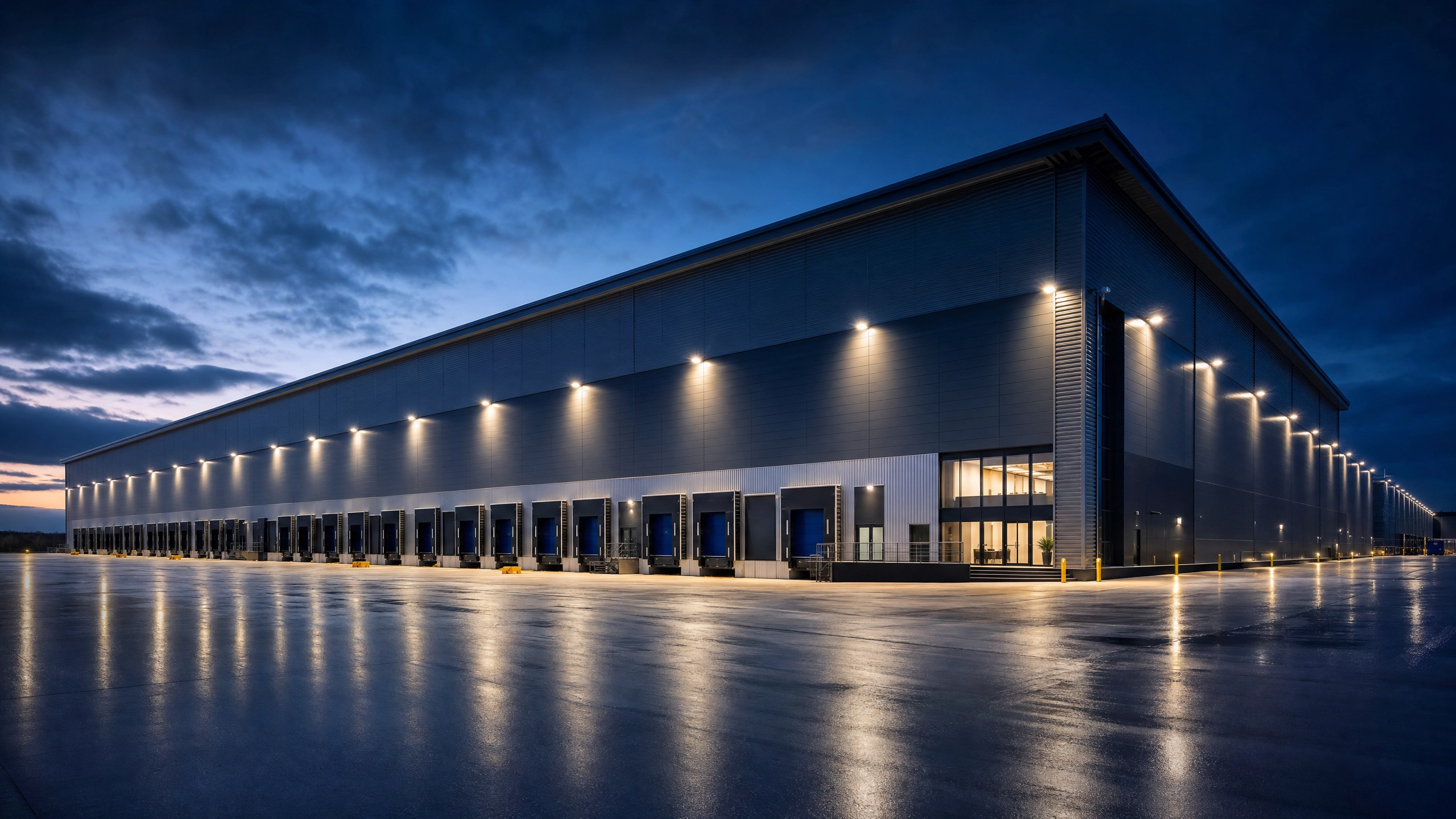 Large modern warehouse at dusk