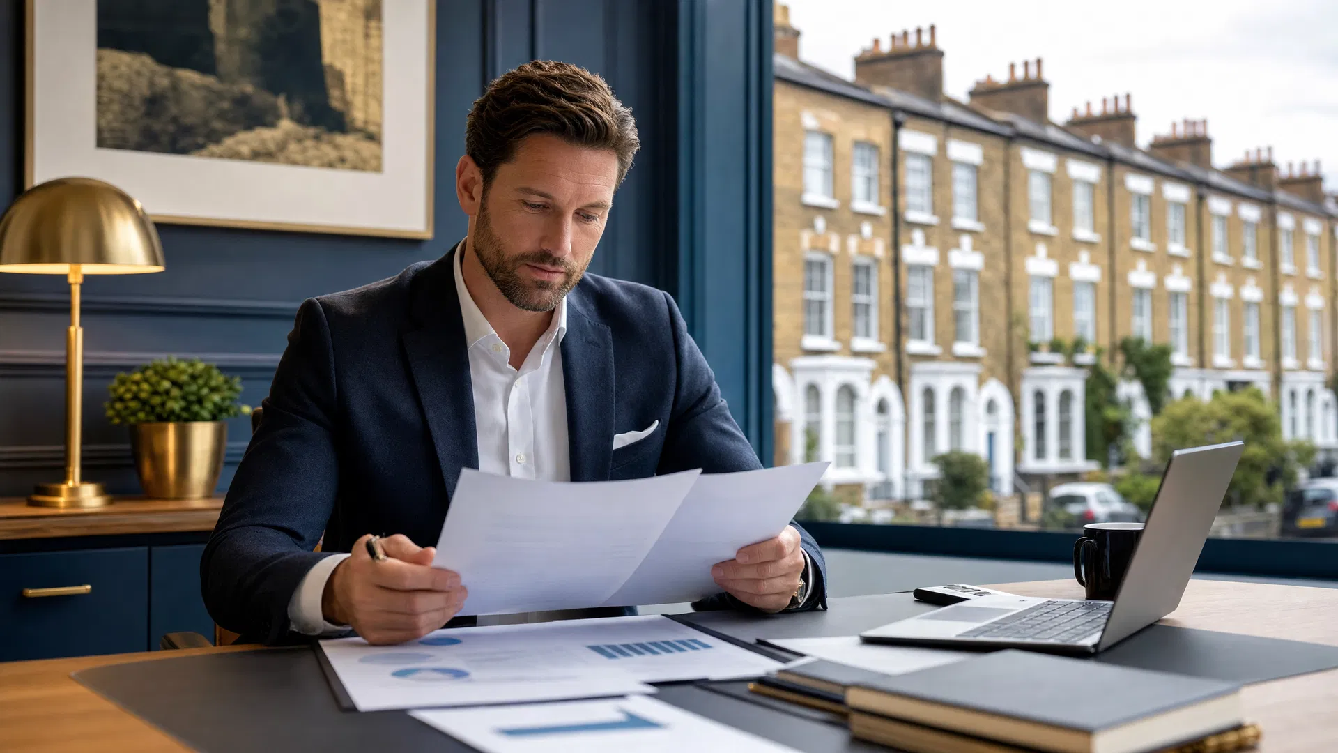 Landlord reviewing insurance documents at desk with UK terraced houses in background