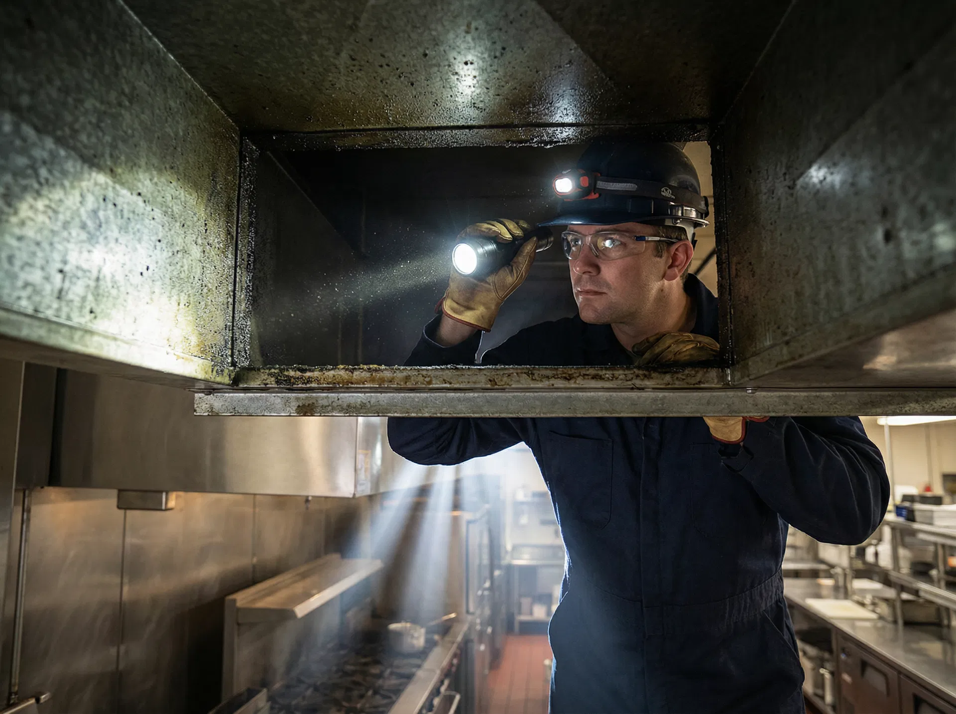 BlueTick technician inspecting commercial kitchen extraction system