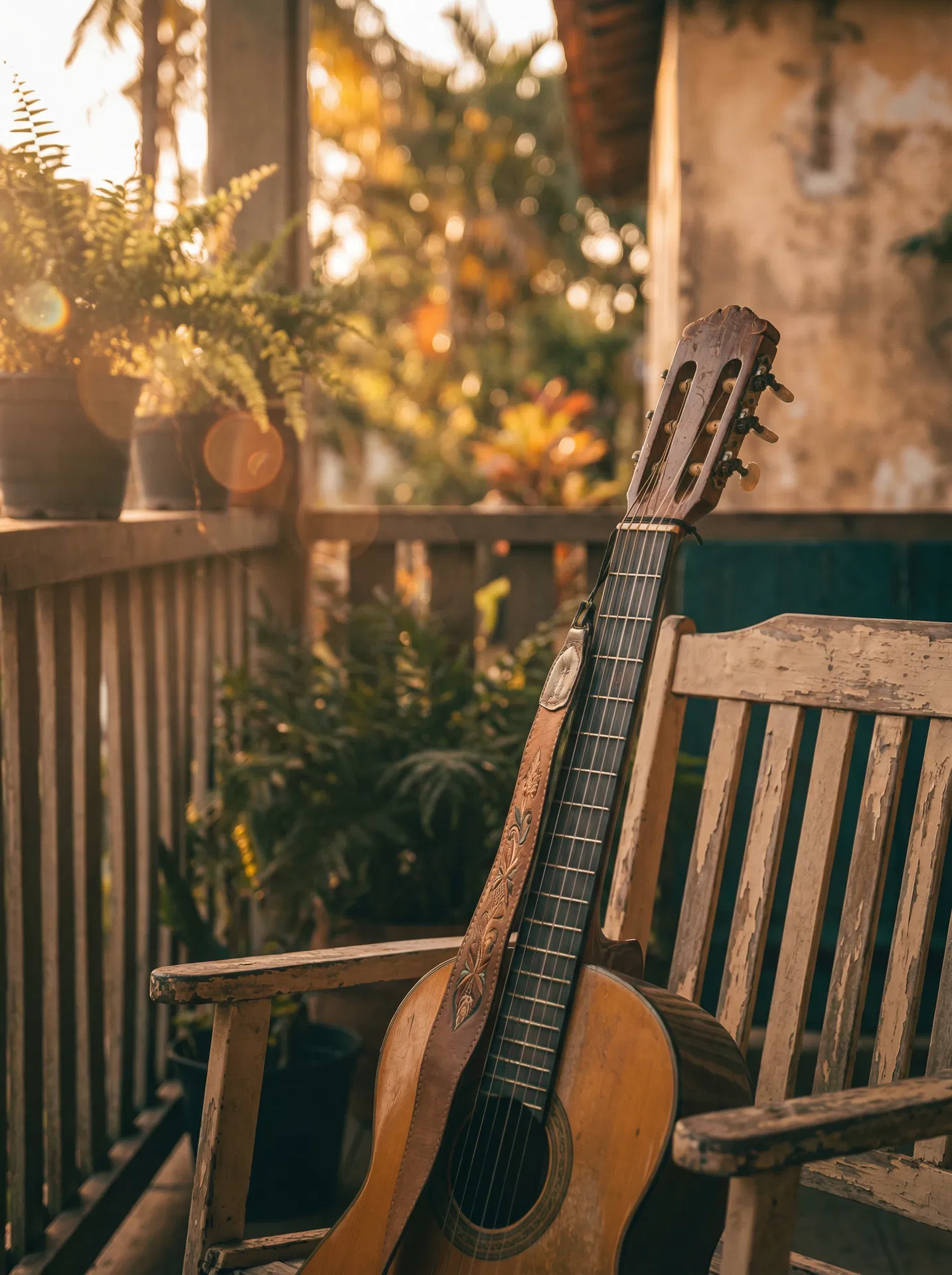 Violão clássico ao pôr do sol