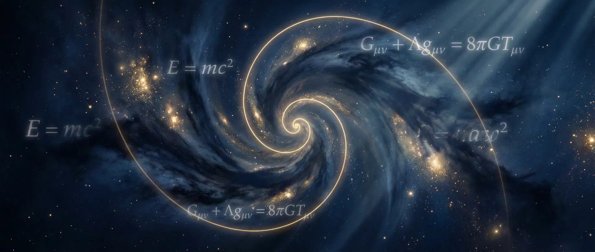 Golden-ratio spiral mapping onto a deep-space nebula with ghostly equations of general relativity