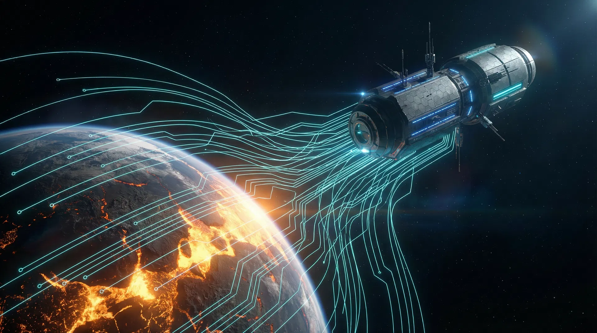Cyan circuit-line tethering Earth's mantle to a deep-space habitat