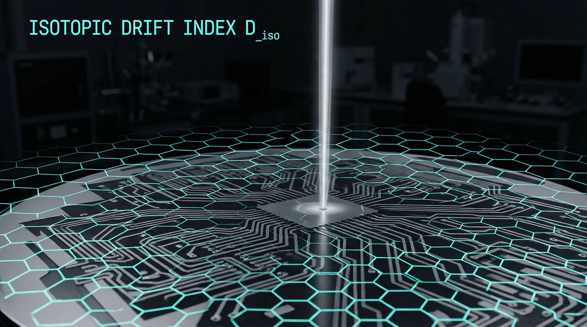 Silicon wafer under silver ion beam with Isotopic Drift Index hexagonal matrix overlay