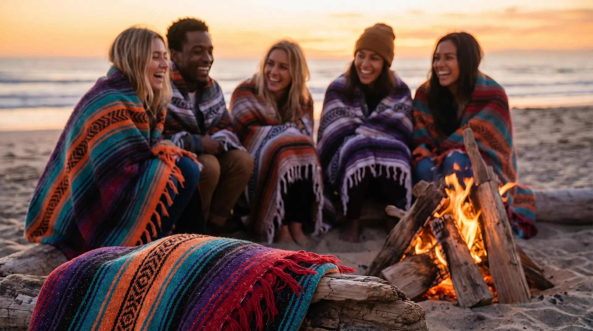 Friends wrapped in colorful baja blankets around a beach bonfire at sunset