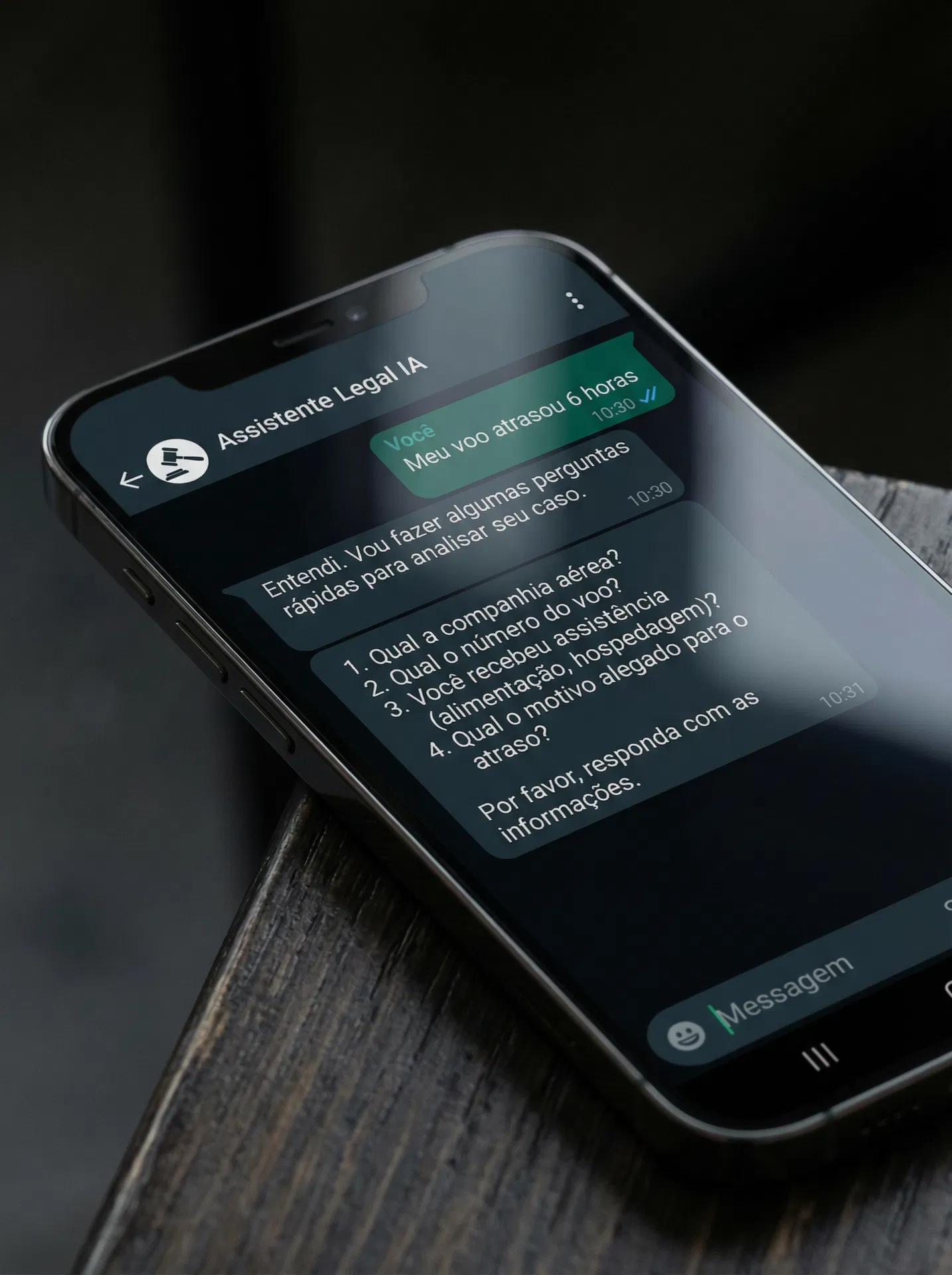 Simulação de atendimento WhatsApp com IA jurídica