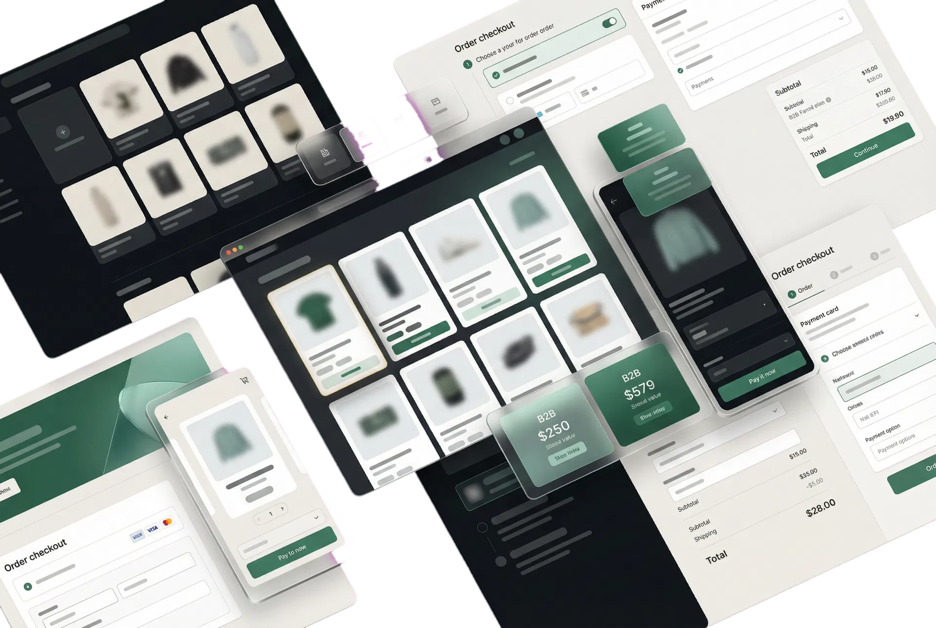 Collage visual de interfaces eCommerce y checkout