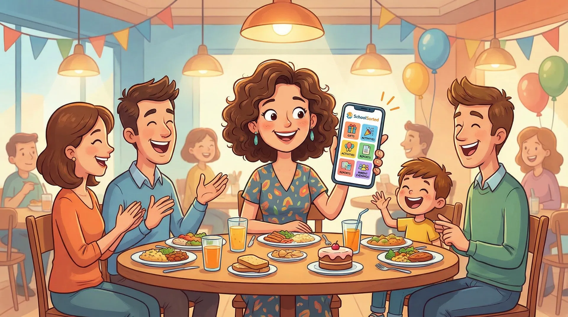 Mum at restaurant using SchoolSorted