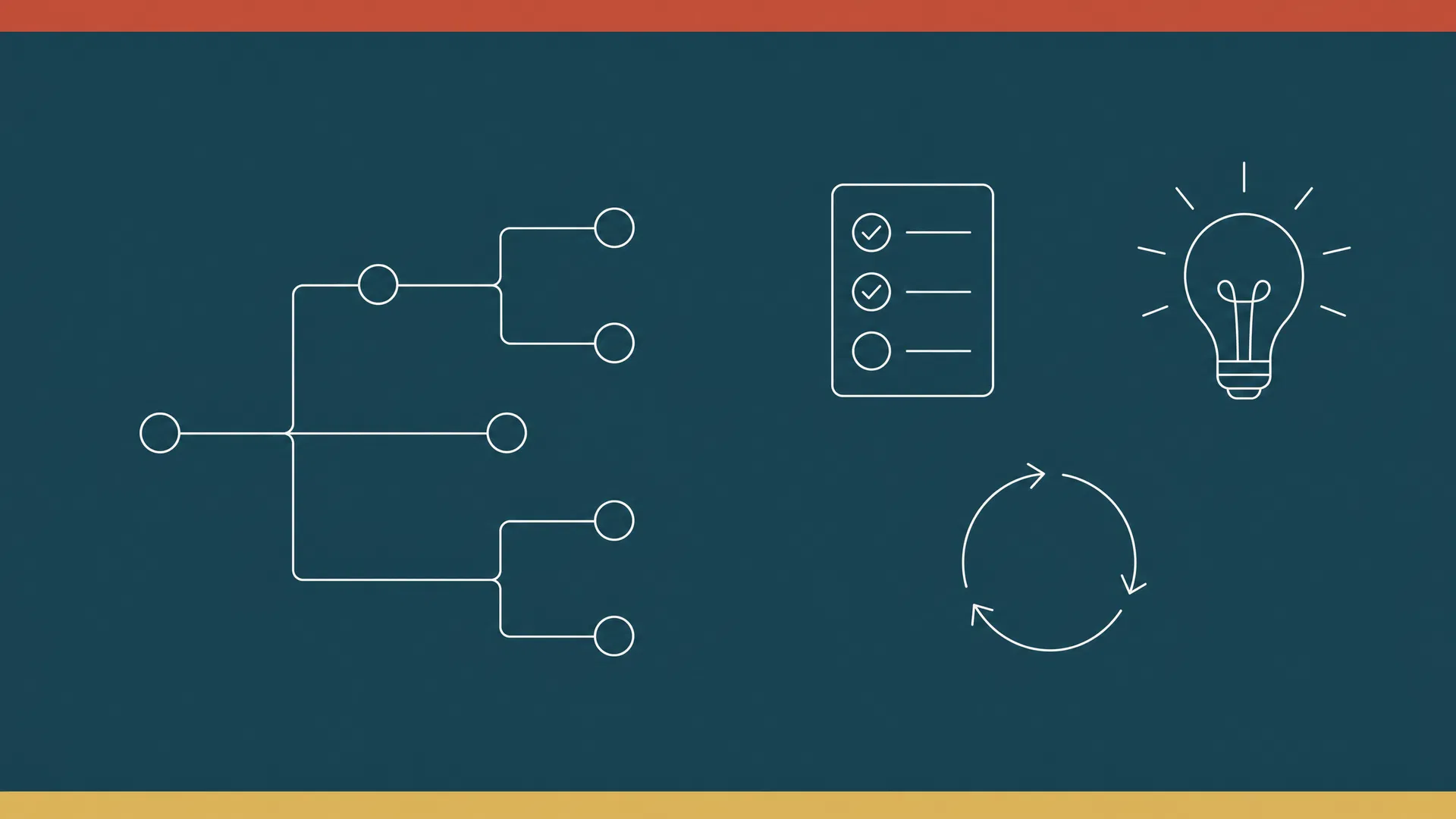 Decision tree and workflow icons on teal background