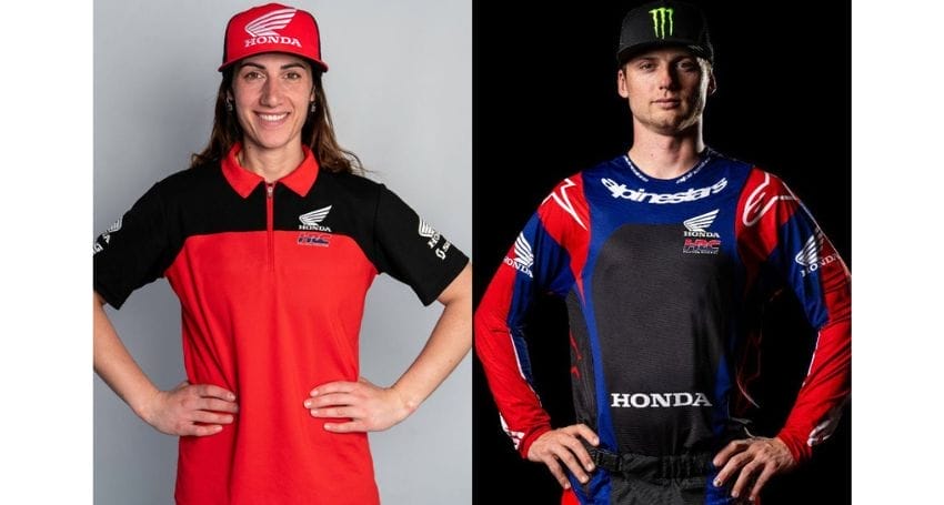 Two motocross riders from the Factory Team standing next to each other and proudly representing Honda Racing Corporation at the FIM E-Xplorer World Cup.