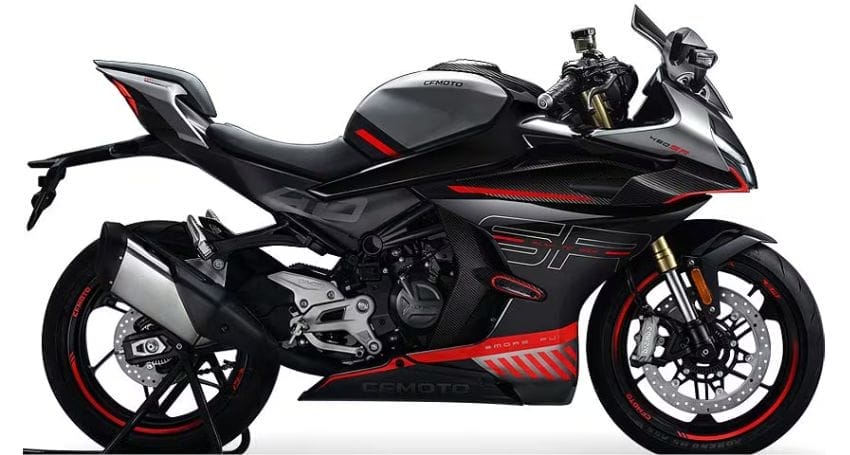 A black and red motorcycle on a white background.