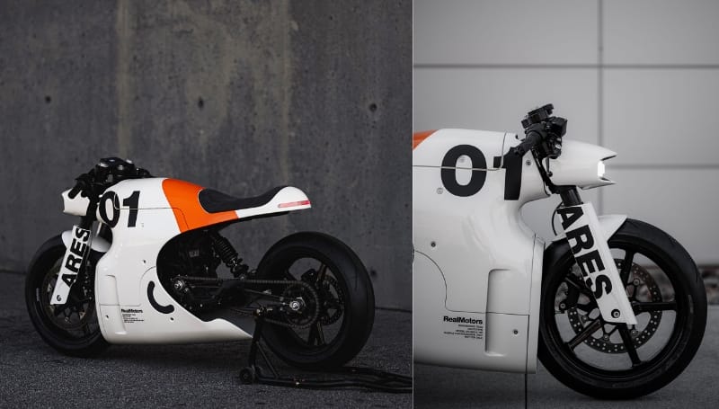 A sleek white and orange motorcycle bearing the number "01" and the word "ARES" on its side, parked against a gray wall and shown from two angles.